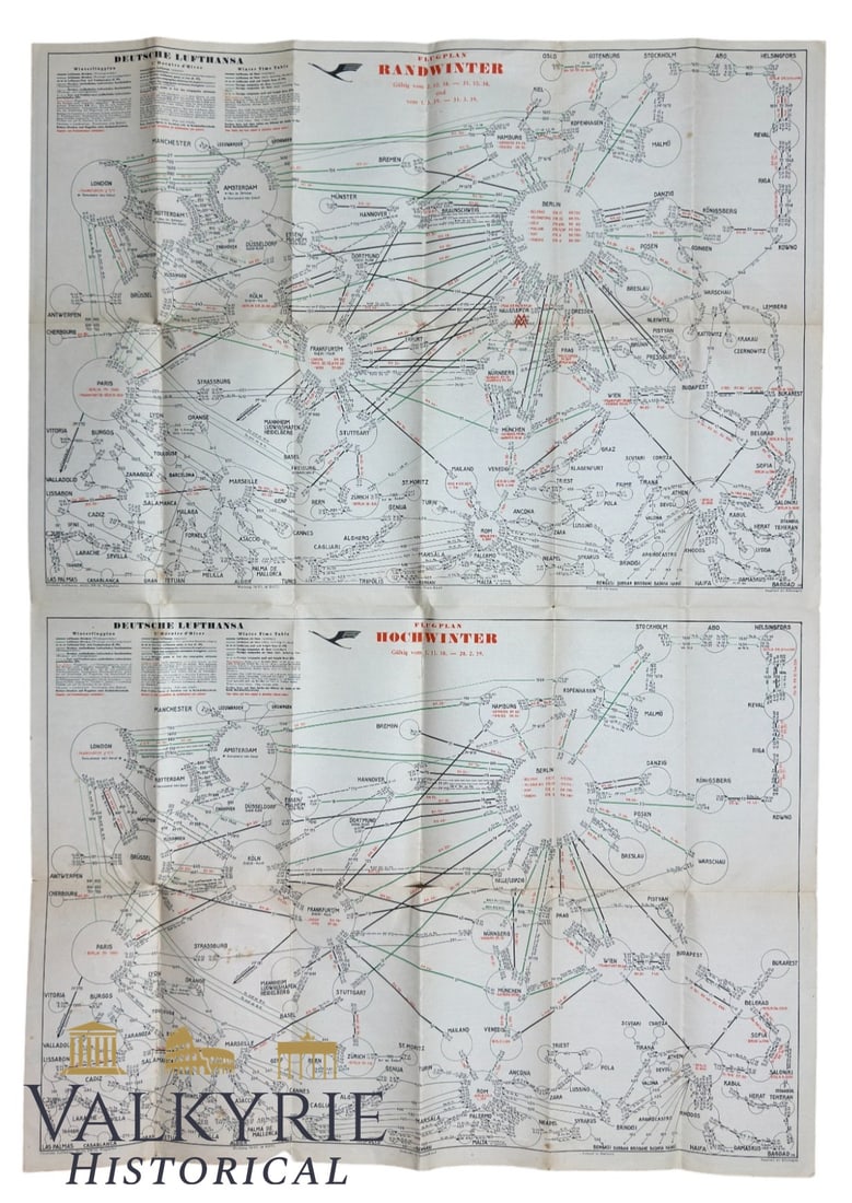 III Reich Period German Lufthansa Airlines Foldable Flight Schedule Poster For Europe - Winter (1 of 19)