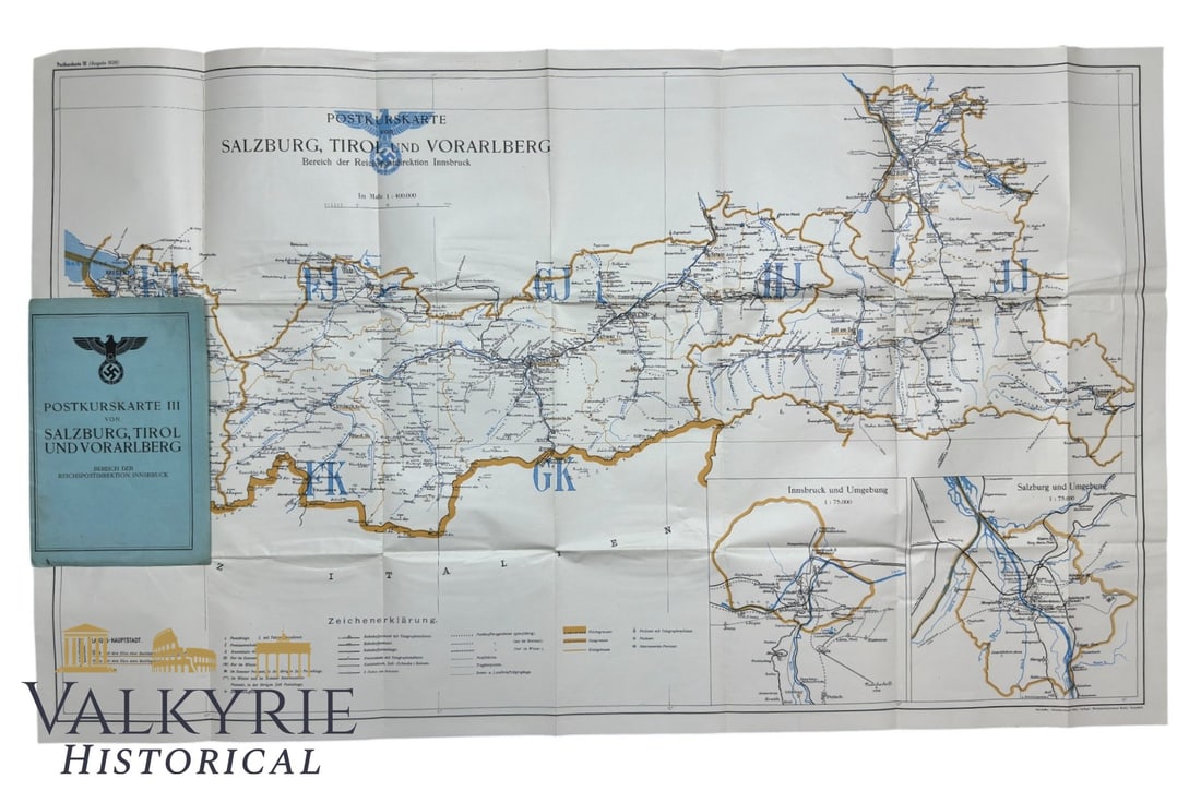 German Foldable Postal Map "Salzburg, Tyrol and Vorarlberg. Area of the Imperial Postal Directorate": German Foldable Postal Map "Salzburg, Tyrol and Vorarlberg. Area of the Imperial Postal Directorate Innsbruck". Very good condition. III Reich period 1939. Size: 92x55cm All items for this auction wil