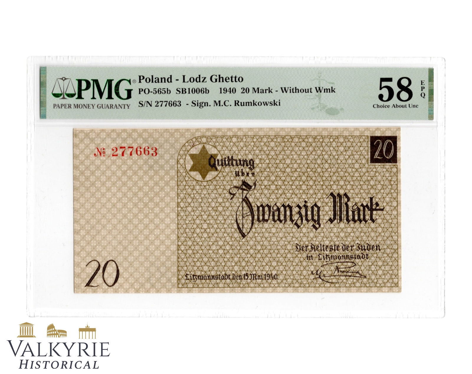 Litzmannstadt Jewish Ghetto Currency Banknote of 20 Marks - Year 1940 - Non-circulated: Litzmannstadt Jewish Ghetto Currency Banknote of 20 Marks - Year 1940 - Non-circulated. Very good condition.Graded by PMG Paper Money Guaranty. All items for this auction will be shipping from Europe.
