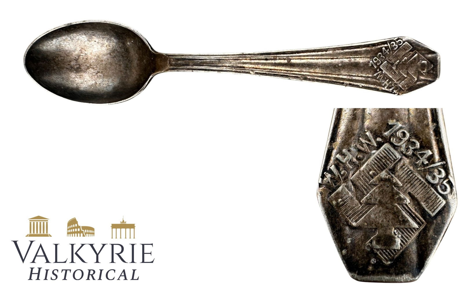Dessert Spoon of the Winterhilfswerk 1934/35 From Kreis Hamburg Winterhude South: Dessert Spoon of the Winterhilfswerk 1934/35 From Kreis Hamburg Winterhude South. With the logo of the WHW of that year with a Christmas tree inside a swastika, probably produced by NSDAP to rise mone