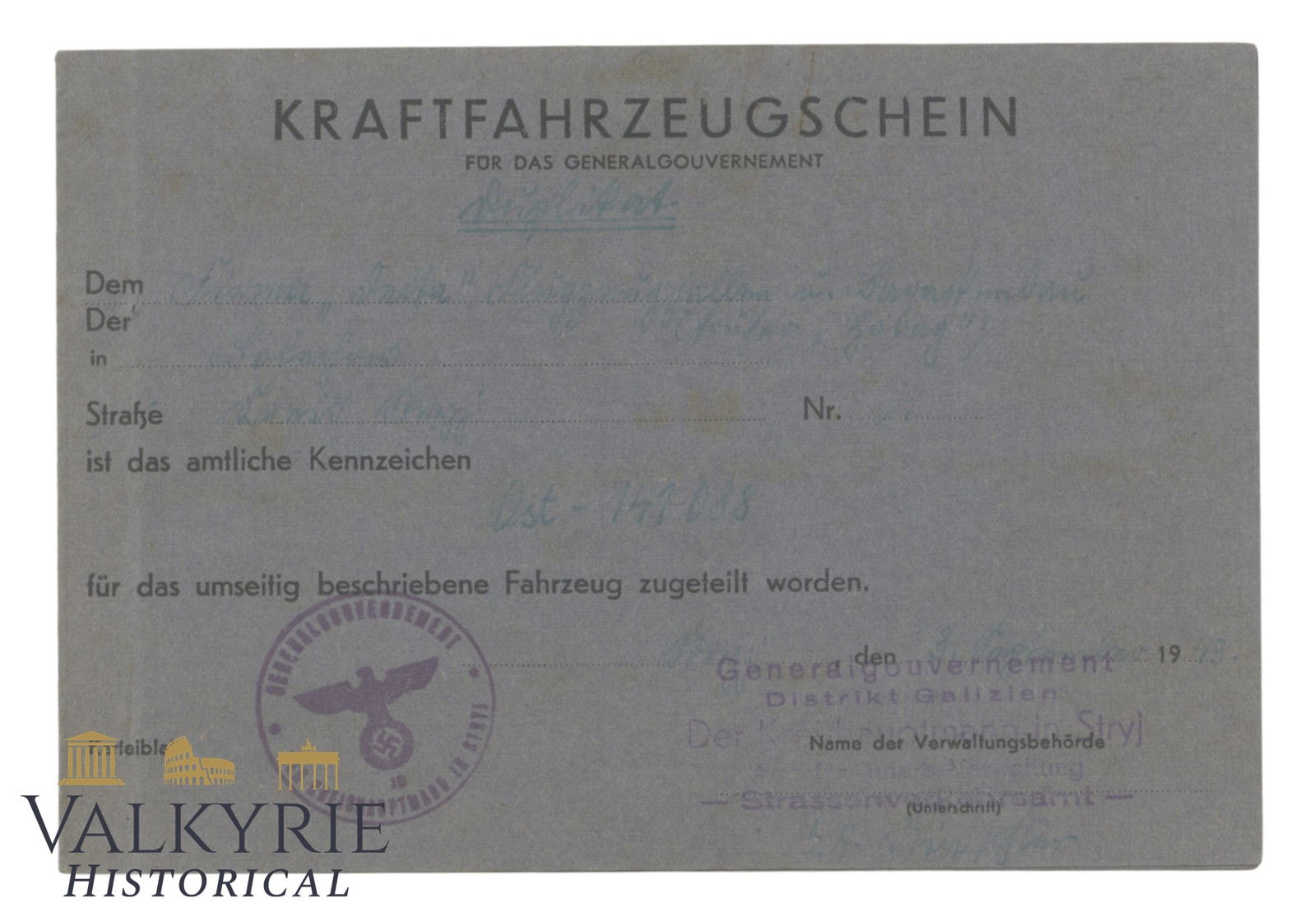 Vehicle License of the Generalgouvernement Issued in 1943 to a Polish Driver (1 of 4)