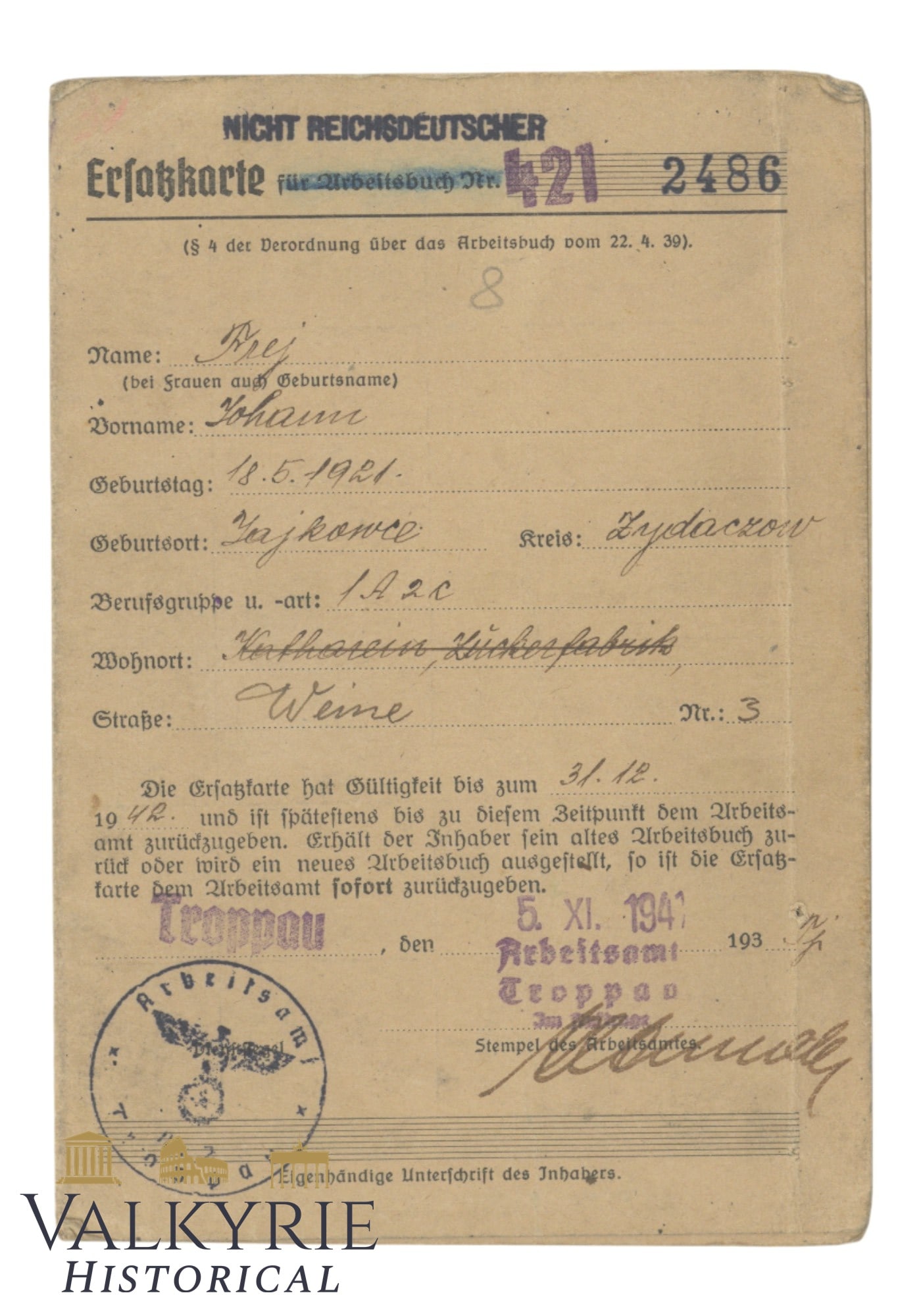 Replacement Card of the Workbook Issued in 1941 to a Non German Pole From Treppau (1 of 3)