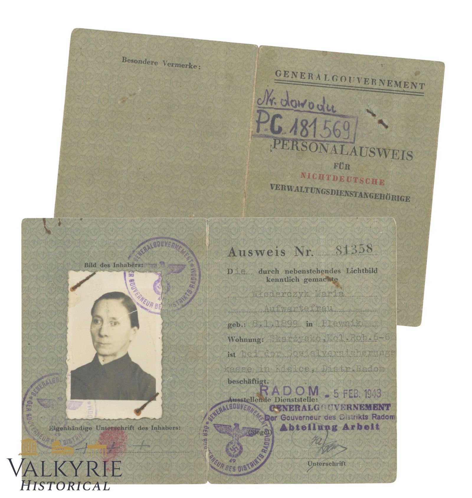 Special Ausweis For Non-German Administration Members Issued in 1943 to a Polish Woman in GG (1 of 3)