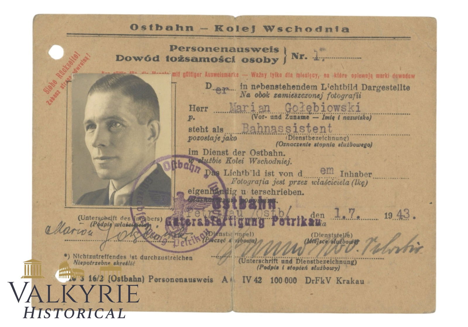Personalausweis Issued by Ostbahn to the an Eastern Railways Worker 1944 Piotrkow (1 of 2)
