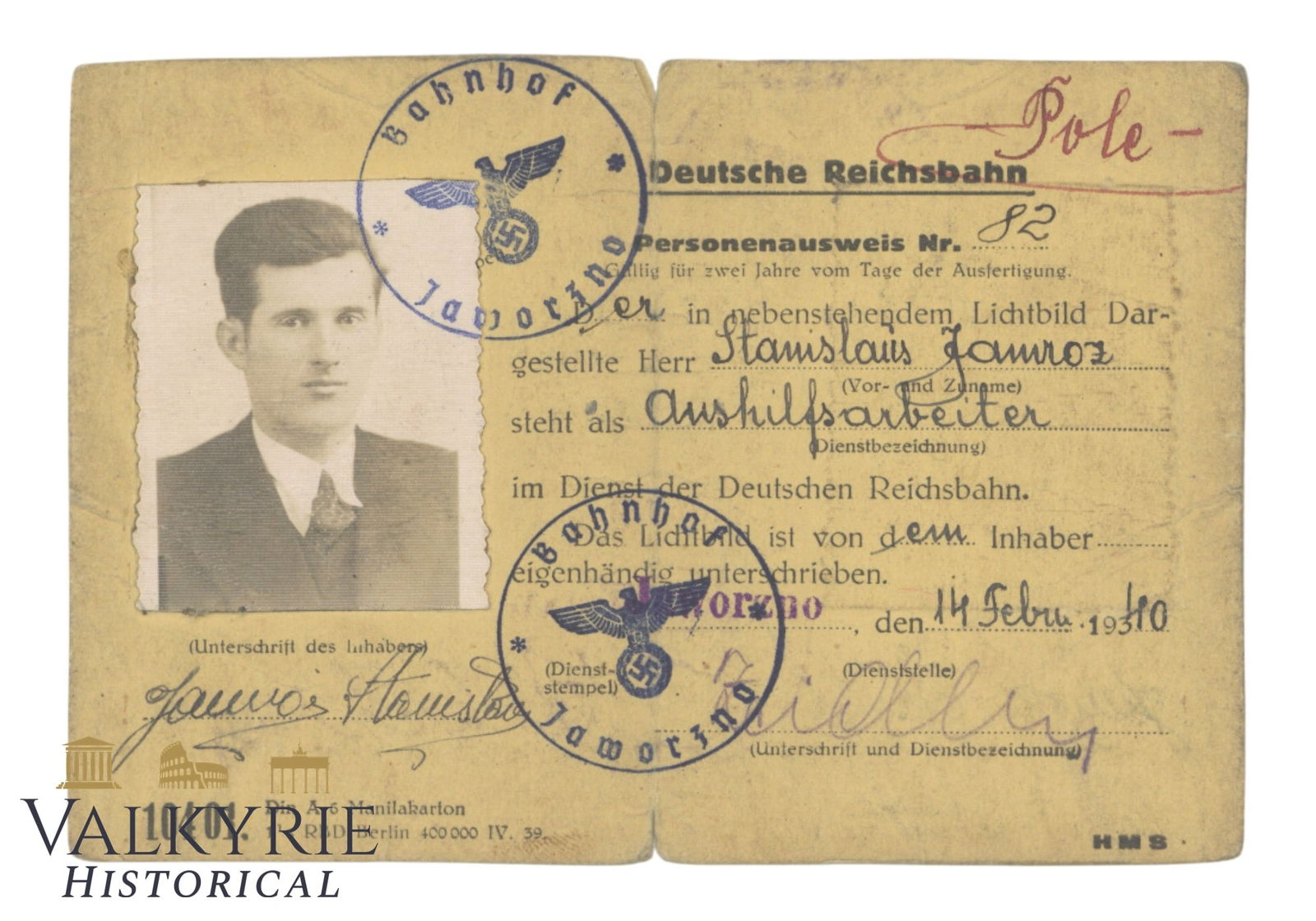 Personalausweis Issued to Polish Worker of the German Railways in Jaworzno - 1940 (1 of 2)