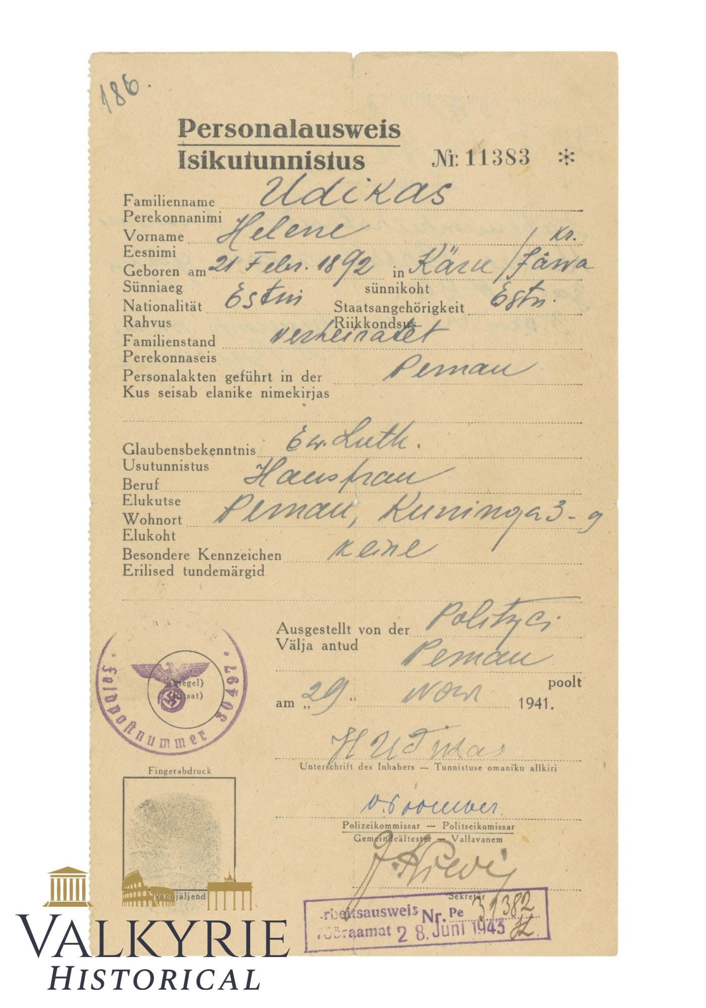 German/Estonian Document To Apply for a Personalausweis For An Estonian Woman in 1941 (1 of 4)