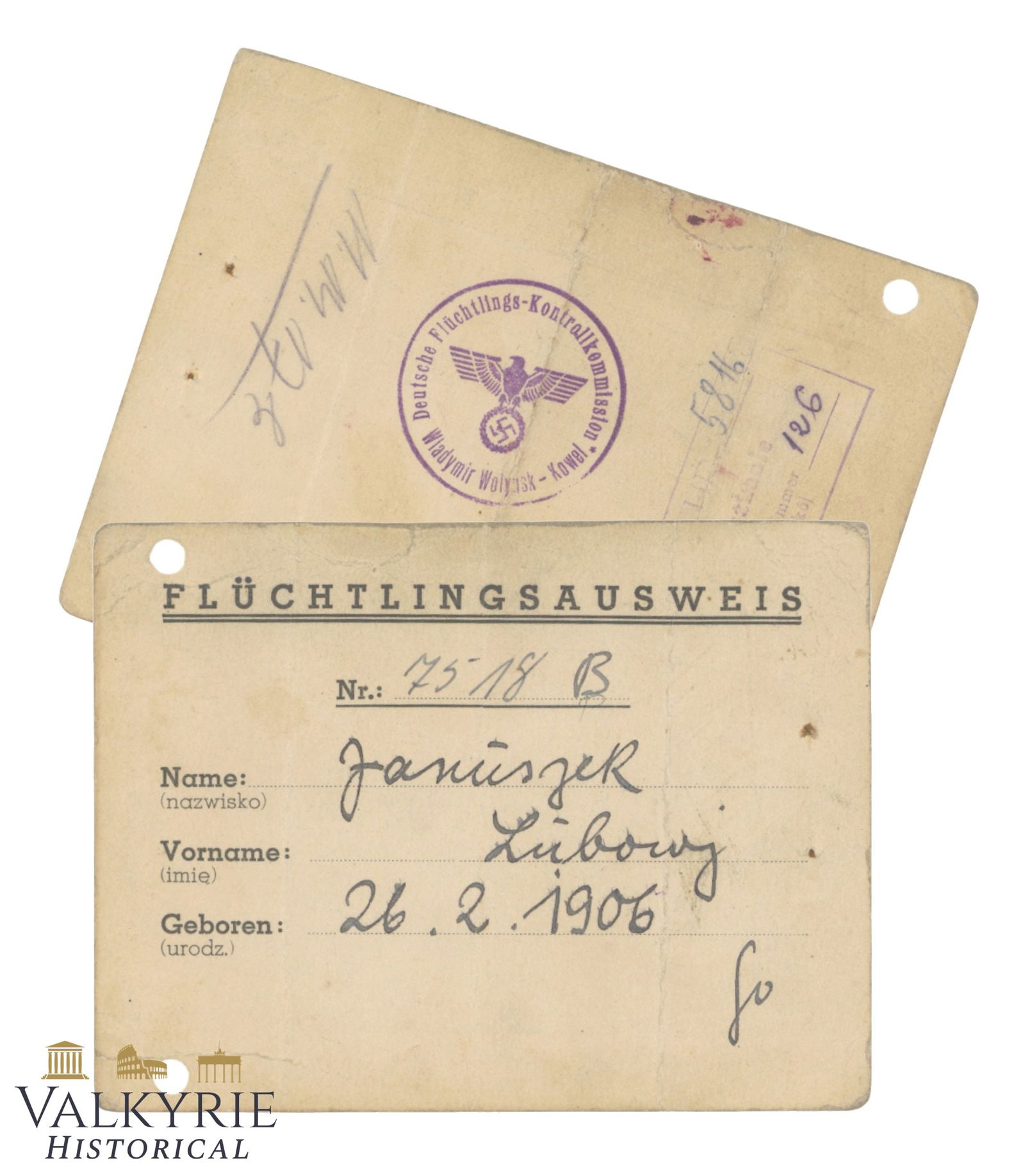 Refugees's Card Issued to a Pole by German Refugees Control Commission (1 of 3)