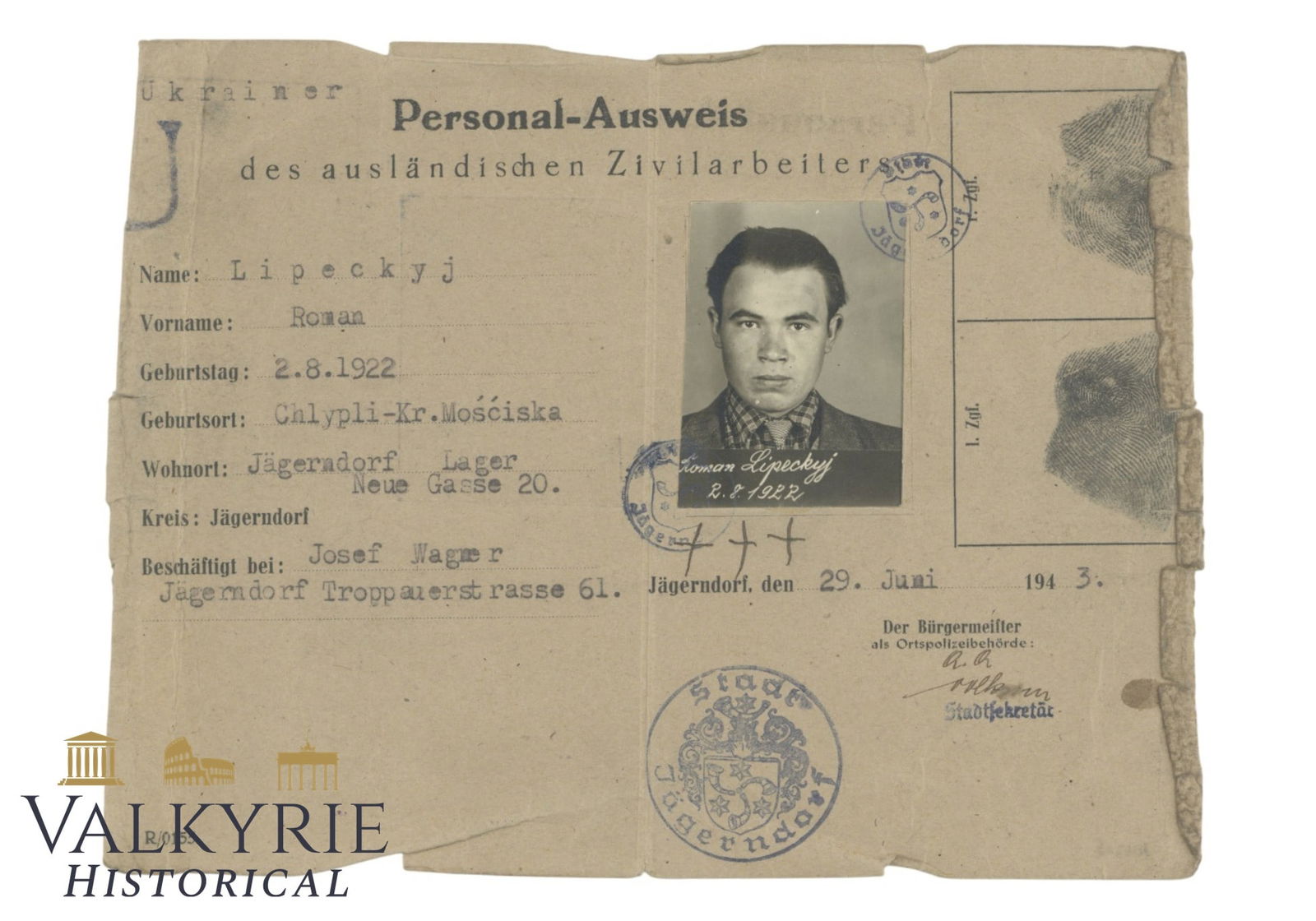 Personalausweis For Foreign Civilian Workers in the Reich Issued in 1943 to an Ukrainian Worker (1 of 2)