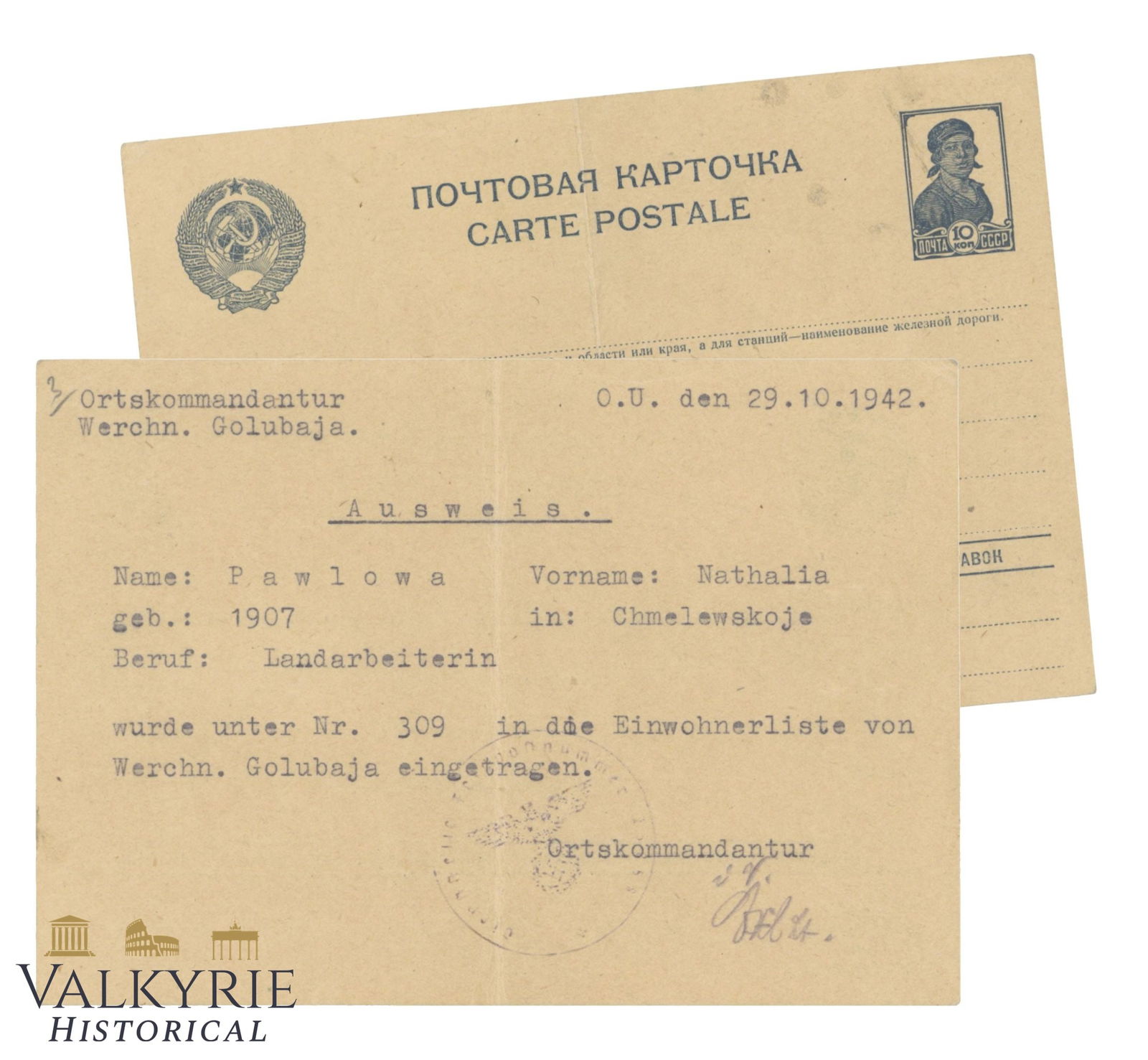 Improvised German Identification Card Typed On am Unused Postcard From the USSR - 1942: Improvised German Identification Card Typed On am Unused Postcard From the USSR. It was issued to a Russian farmer in 1942 and it says she was registered under Nr. 309 in the population register of th