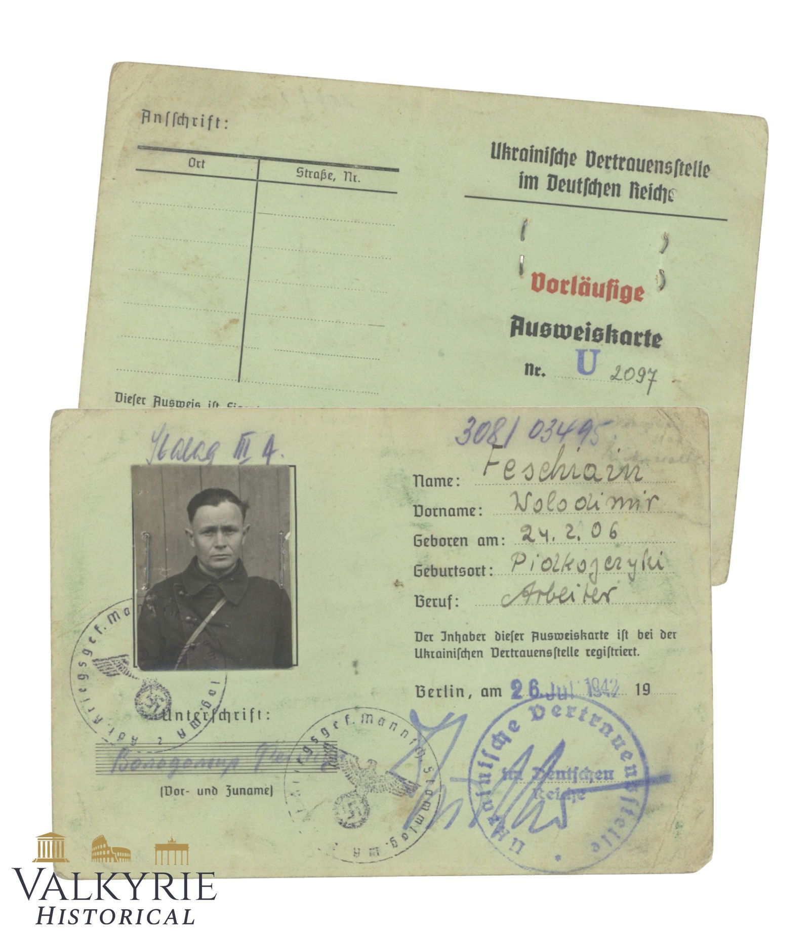 Temporary Ausweis Issued by the Ukrainian Trust Office in the German Reich to a Man in Stalag (1 of 3)