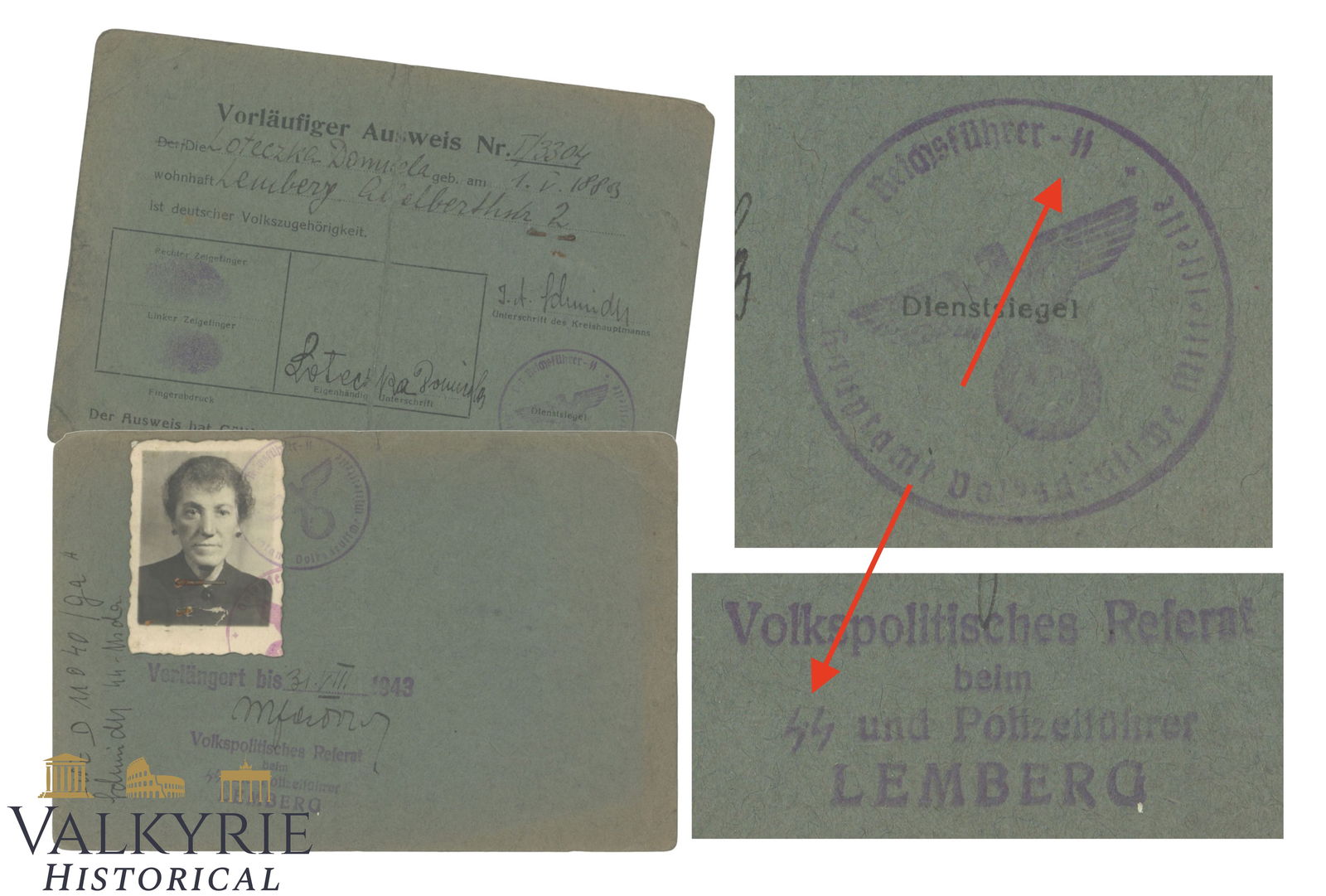Temporary SS Ausweis Issued to a German Women From the City of Lemberg 1943 (1 of 3)