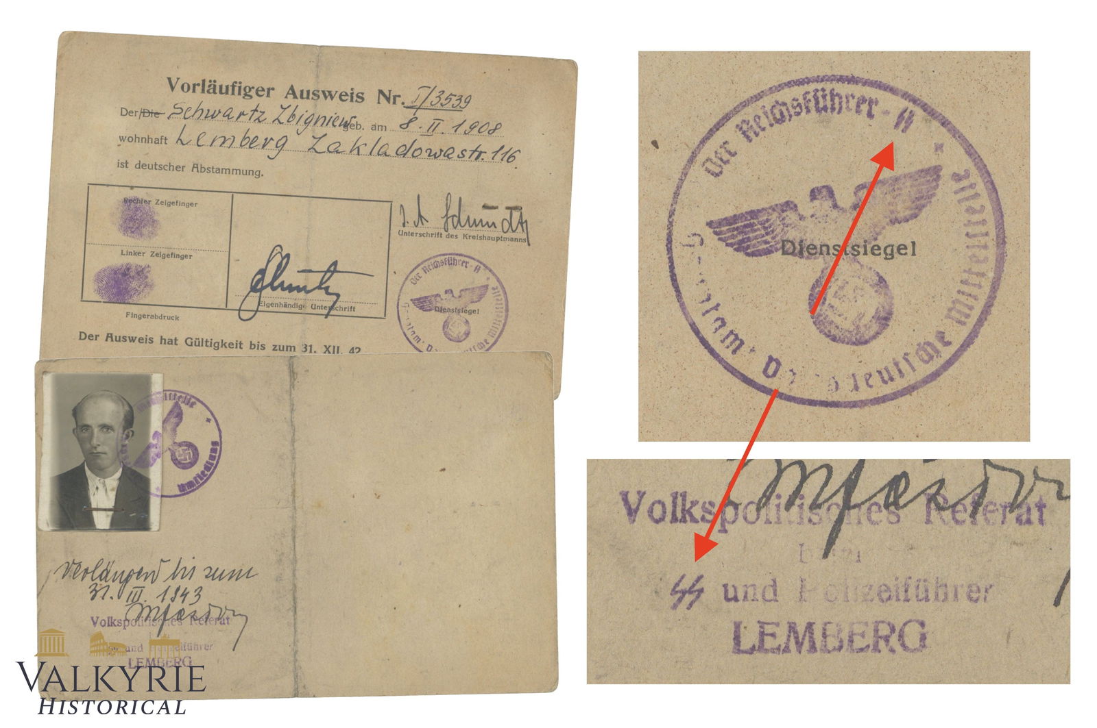 Temporary Ausweis Issued to a German Man From the City of Lemberg 1943 (1 of 3)