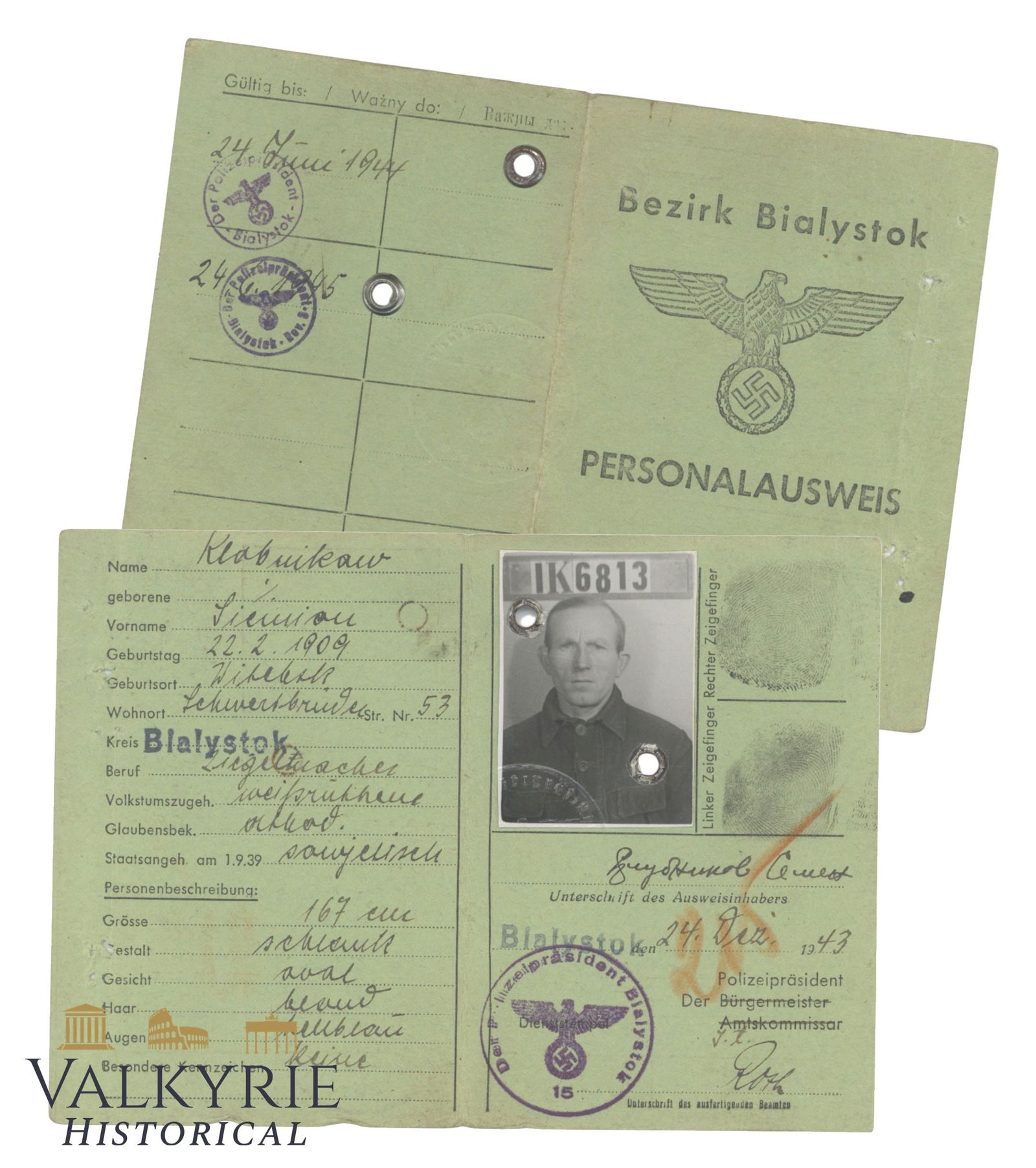 Personalausweis Specially Created for the Bialystok District on Occupied Poland 1943 For Ukrainian (1 of 3)