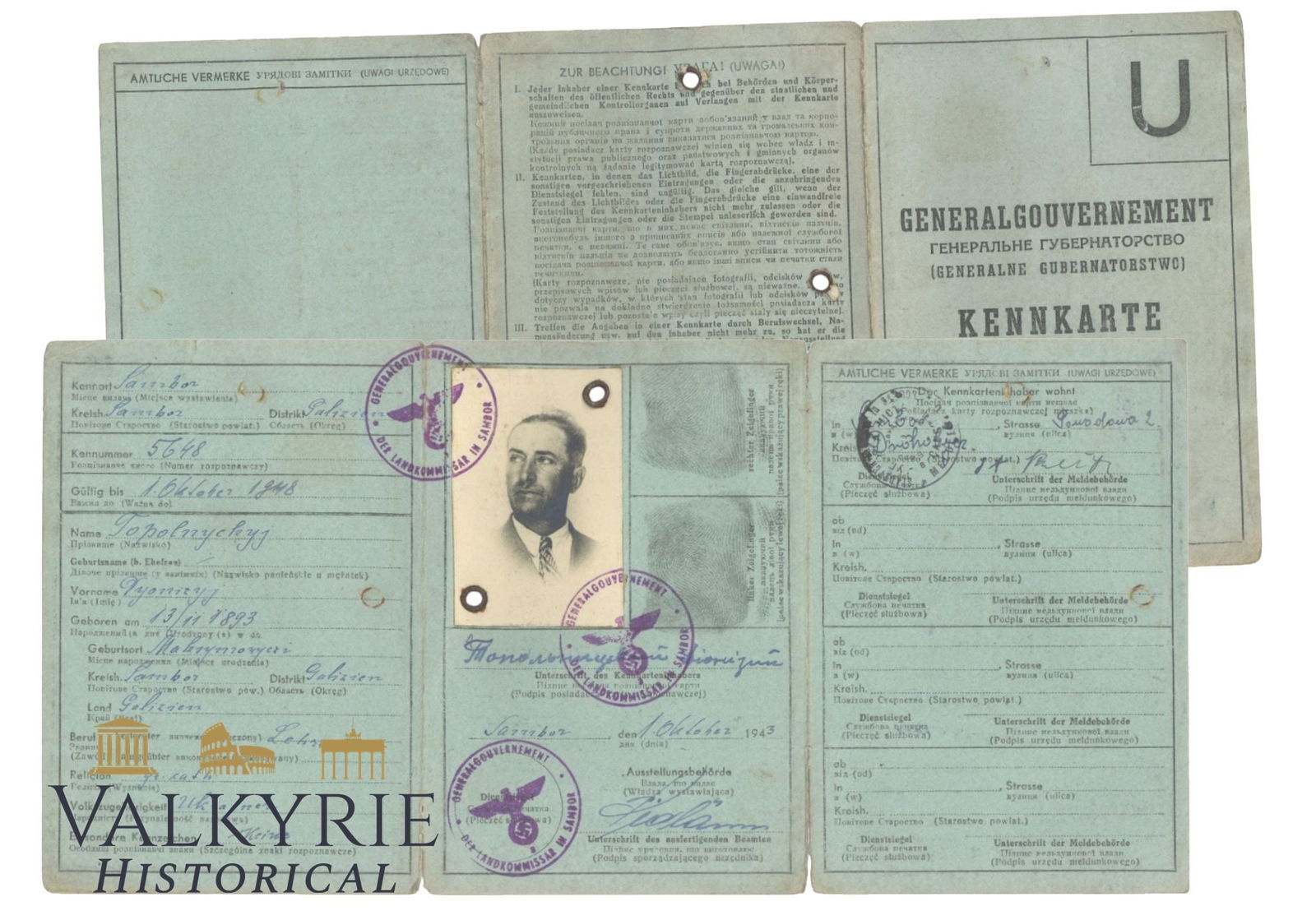 Special Version of German Kennkarte for the Generalgouvernement Issued to a Ukrainians: Special Version of German Kennkarte for the Generalgouvernement Issued to a Ukrainian Men , 1943,work as teacher. With photo of the owner. Citizen from the city of Sambor.Rare item . All items for thi