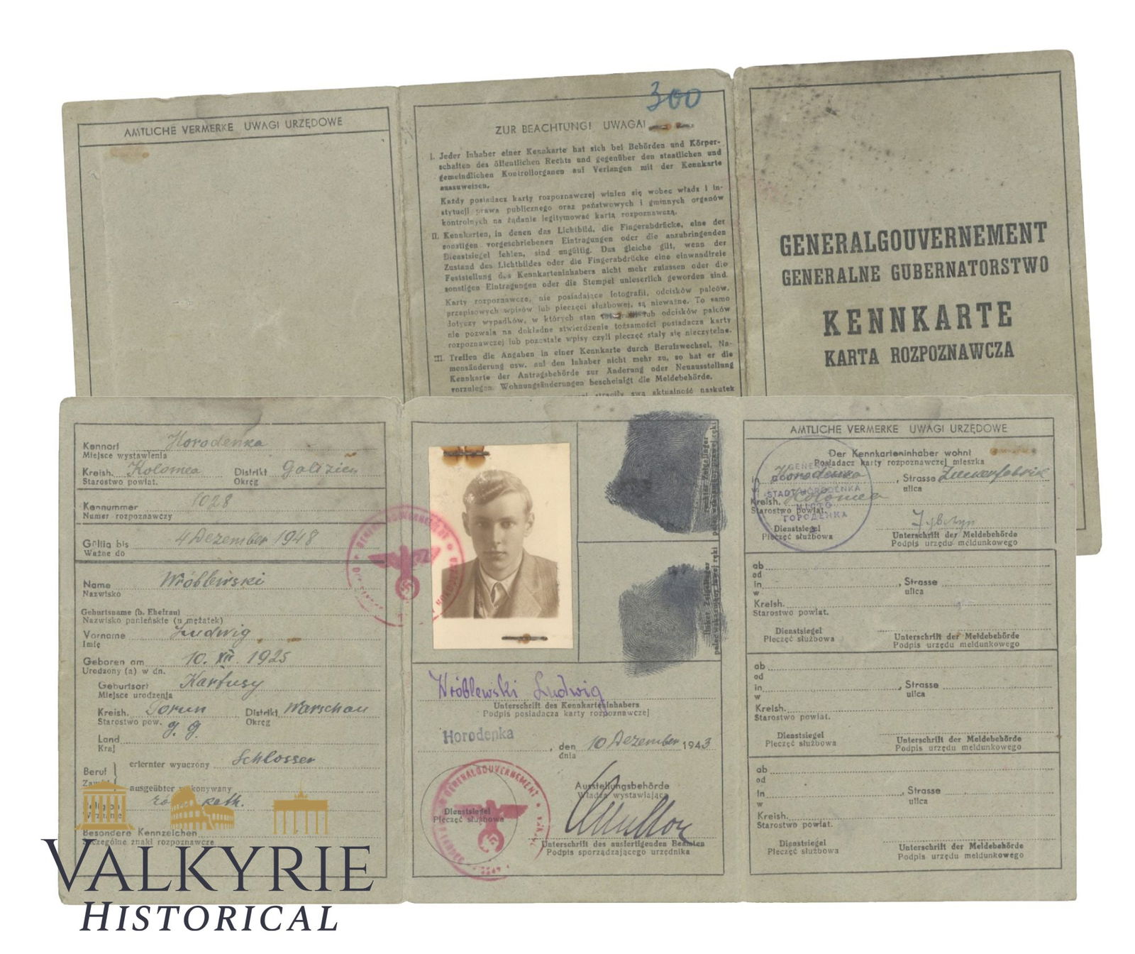 Special Version of German Kennkarte for the Generalgouvernement Issued to a Polish Men 1943 (1 of 3)