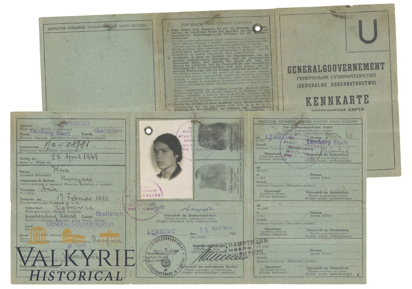 Special Version of German Kennkarte for the Generalgouvernement Issued to a Ukrainians: Special Version of German Kennkarte for the Generalgouvernement Issued to a Ukrainian women, 1943, works at home. With photo of the owner. Citizen from the city of Lviv - Lamberg .Rare item . All item