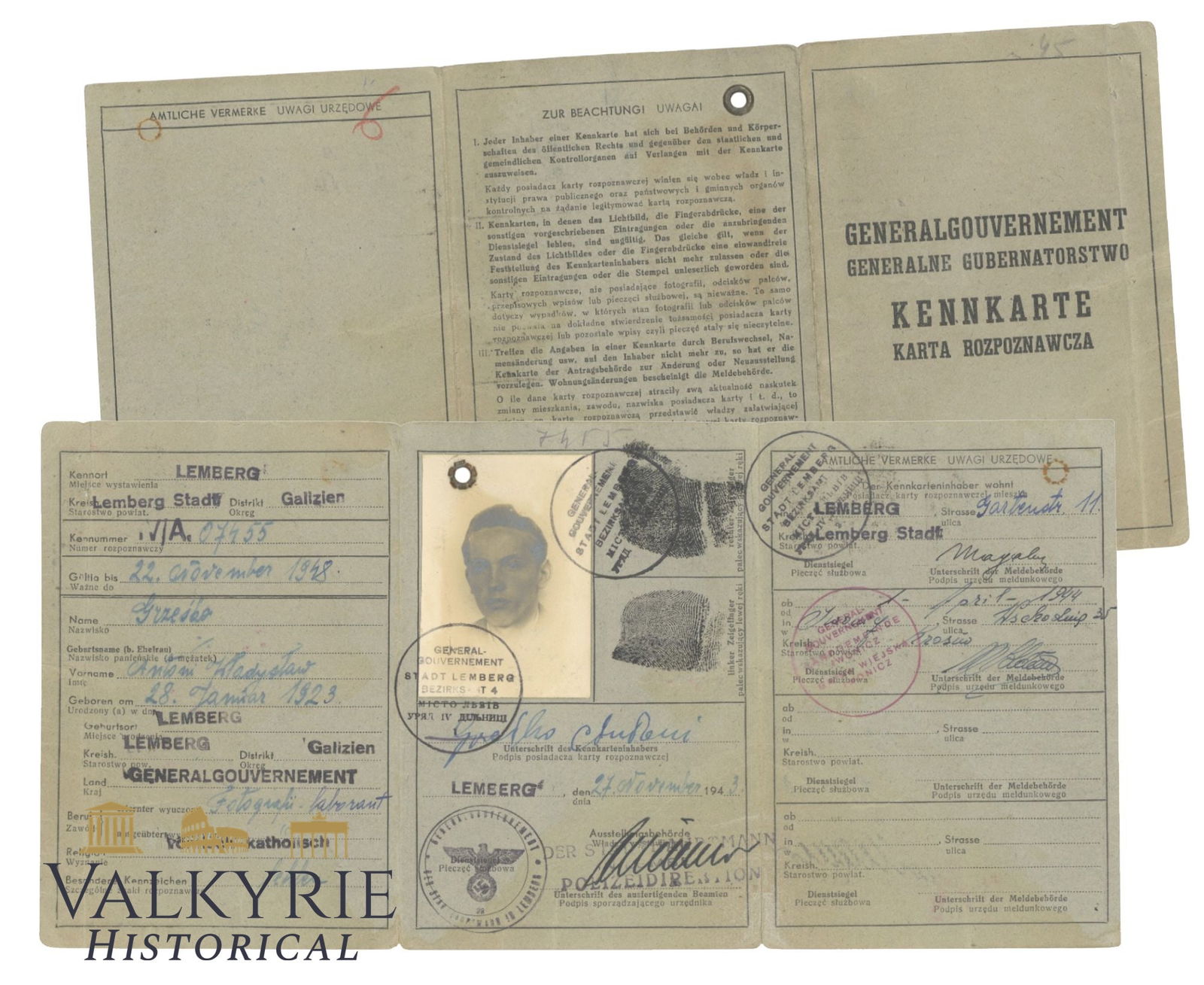 Special Version of German Kennkarte for the Generalgouvernement Issued to a Polish Men 1943 (1 of 3)
