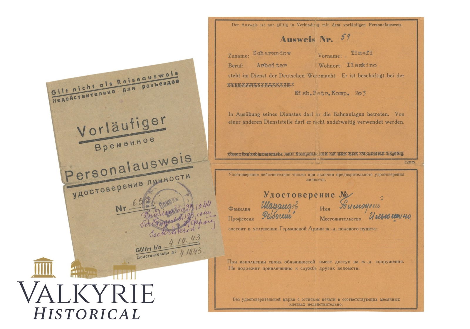 2 Documents Issued to a Russian Man Who Was Employed by the Wehrmacht - 1943 (1 of 6)