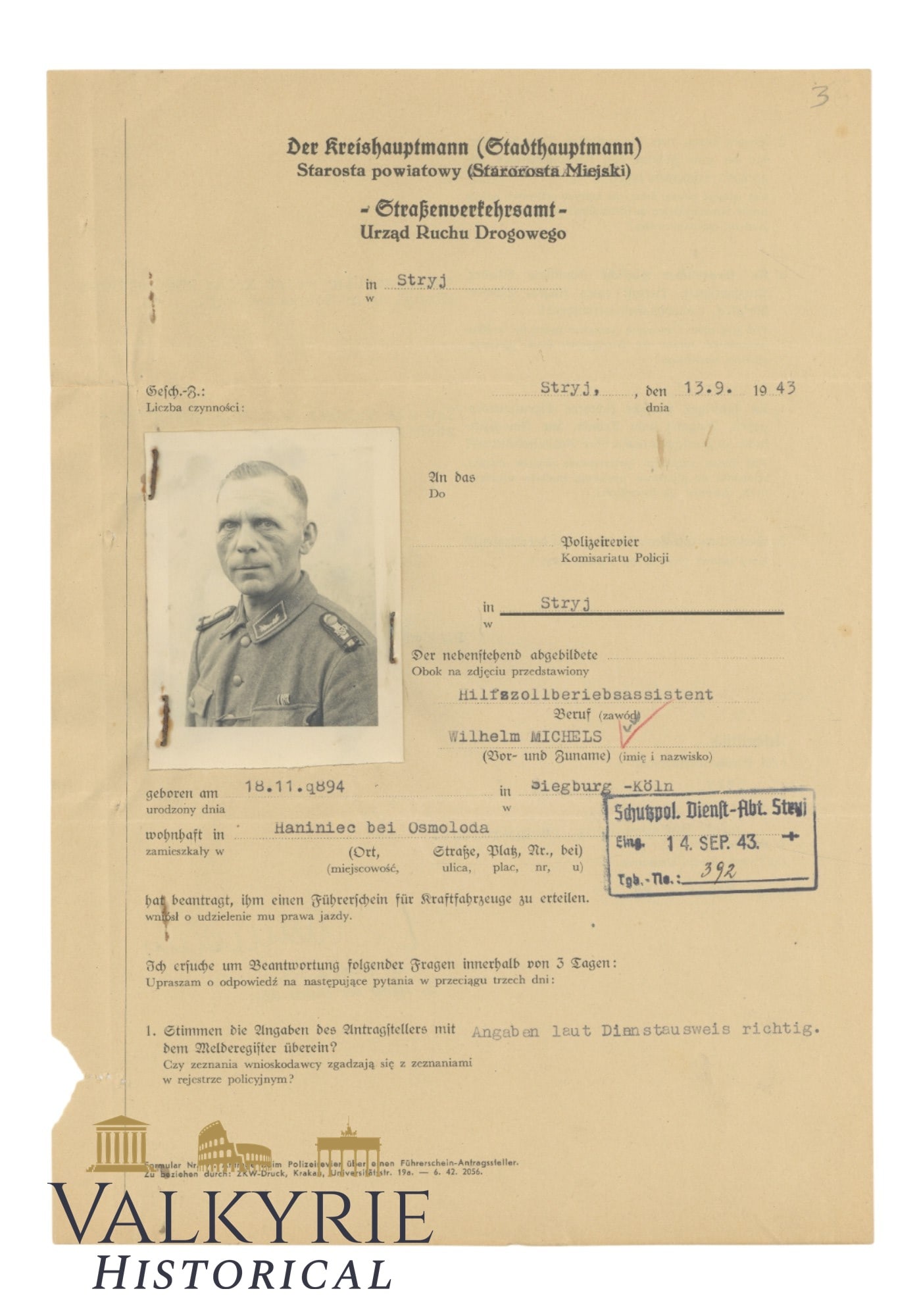 Questionnaire to Apply for a Driving License of a German Curstoms Officer in Stryj - 1943 (1 of 2)