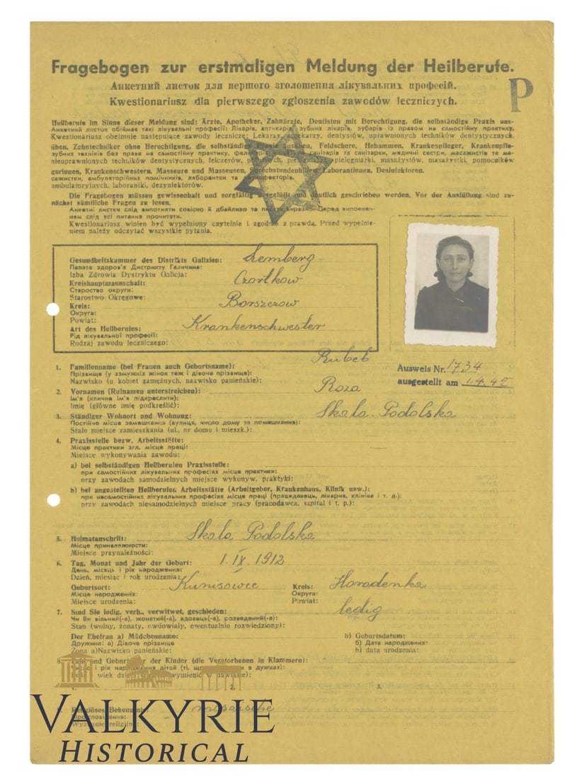 Very rare trilingual (German, Polish and Russian) document dealing with Polish Jewish medical Nurse (1 of 4)