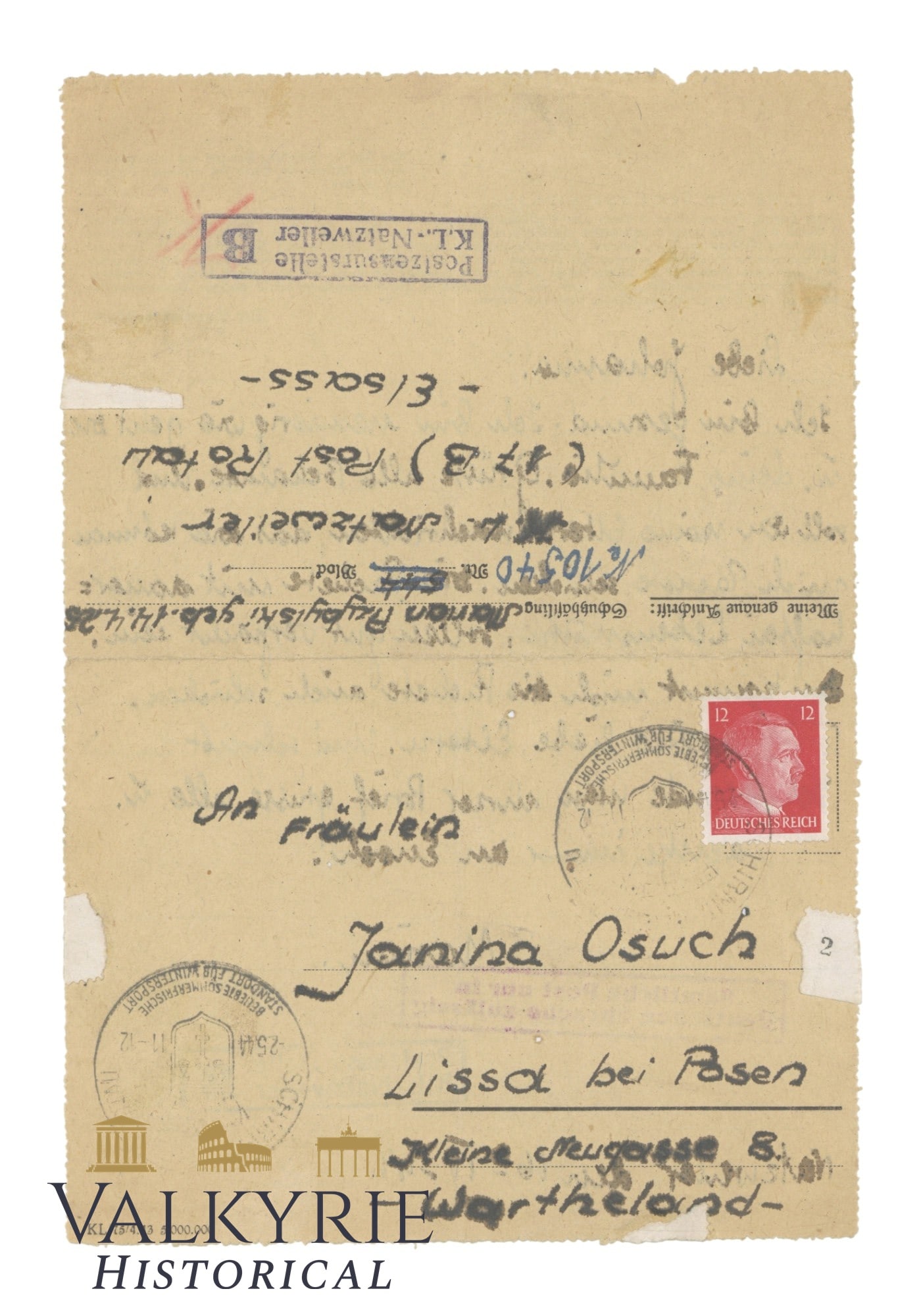 KL Natzweiler Vey Rare Lettercard 1944: Concentration Camp in France. Lettercard with the printed extract from the regulations of the camp. In the lower part, camp censorship B. Extremally RARE . All items for this auction will be shipping