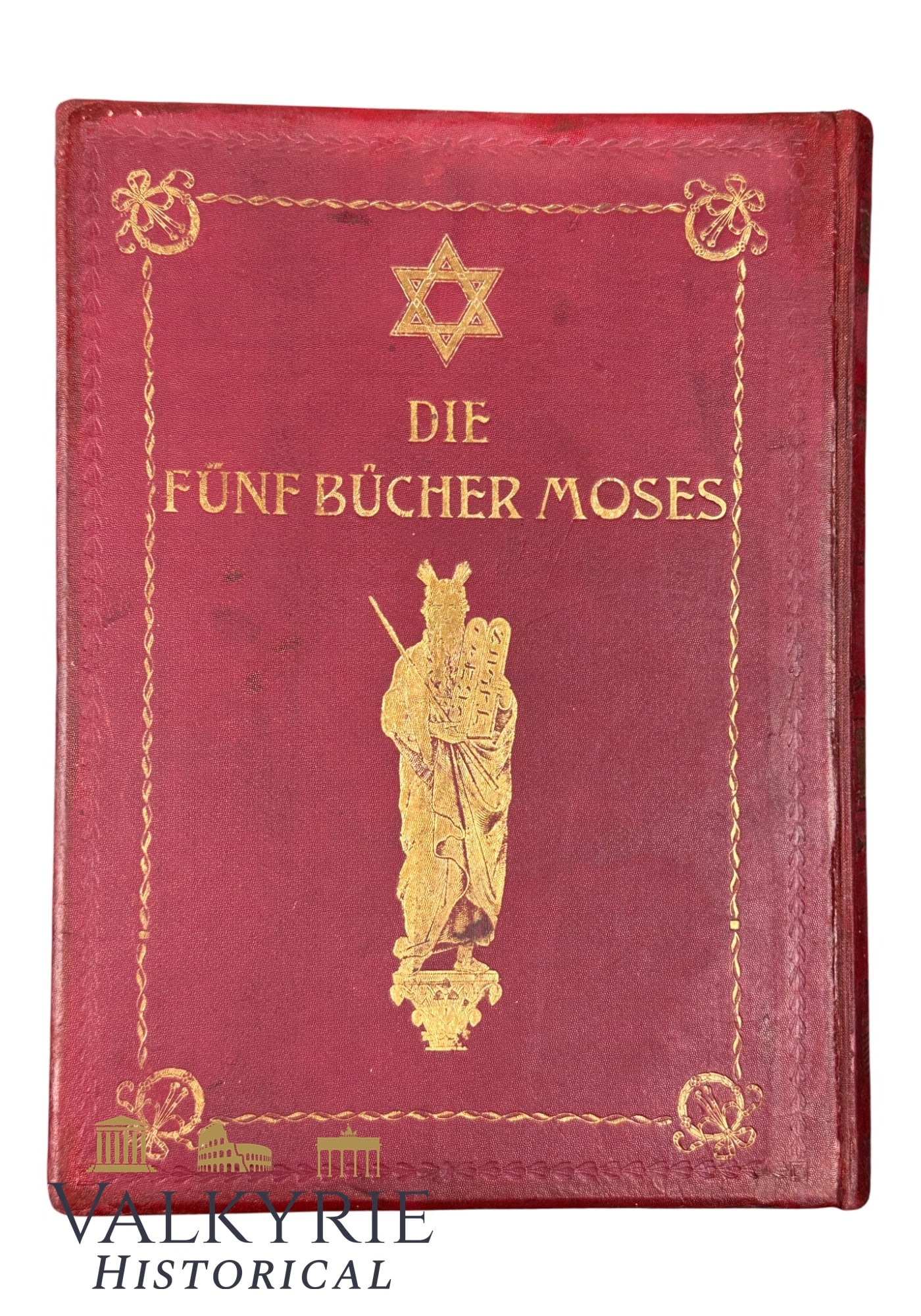 Judaica - Old Jewish Book "The Five Books of Moses" by Prof. Dr. Julius Fuerst: Judaica - Old Jewish Book "The Five Books of Moses" by Prof. Dr. Julius Fuerst. Red leather cover with gold embossed title. Five books are Genesis, Exodus, Leviticus, Numbers and Deuteronomy. Written