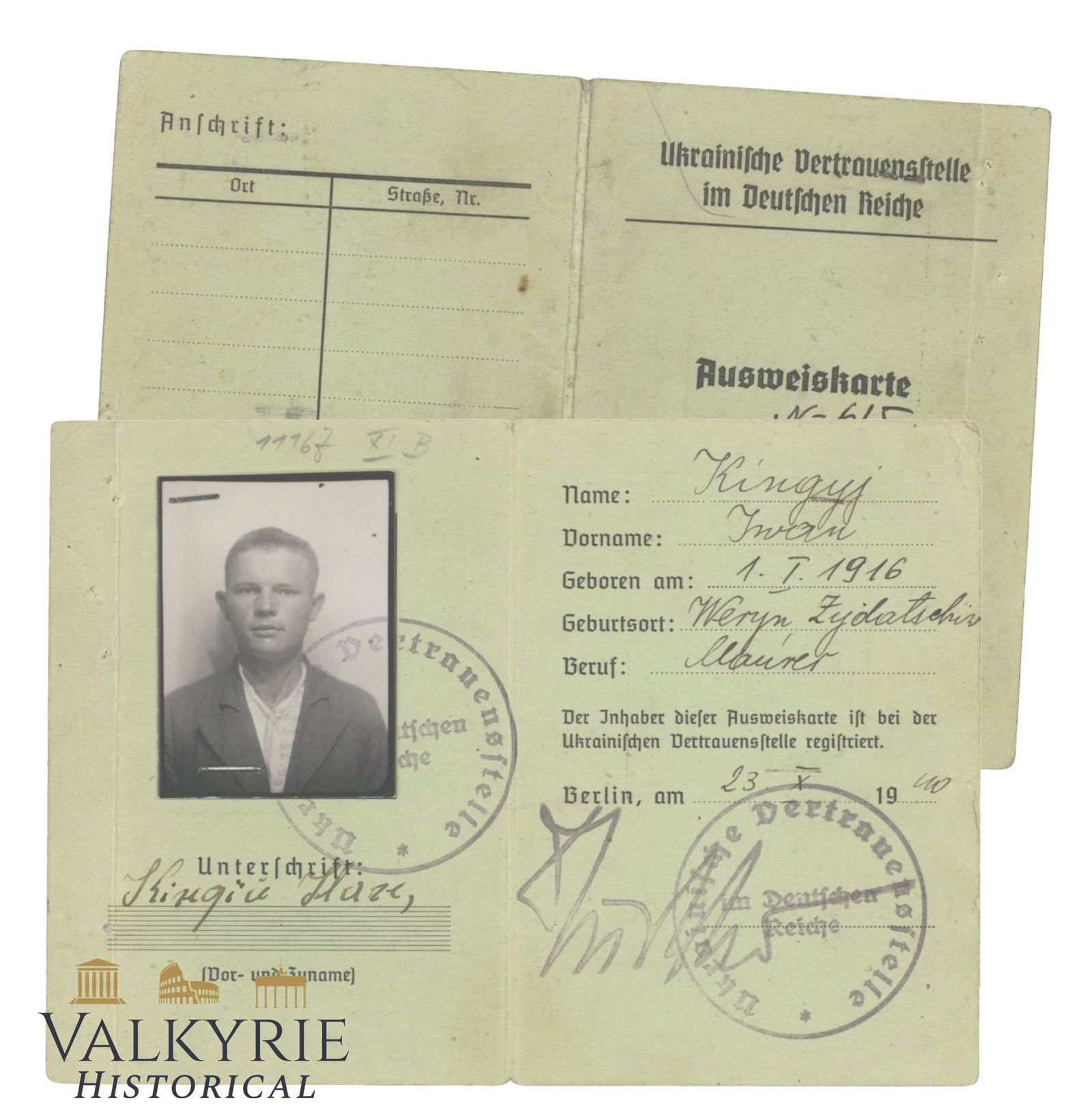 Ausweis Card Issued to a Ukrainian Boy by German Ukrainian Trust Office in the German Reich - 1940 (1 of 3)