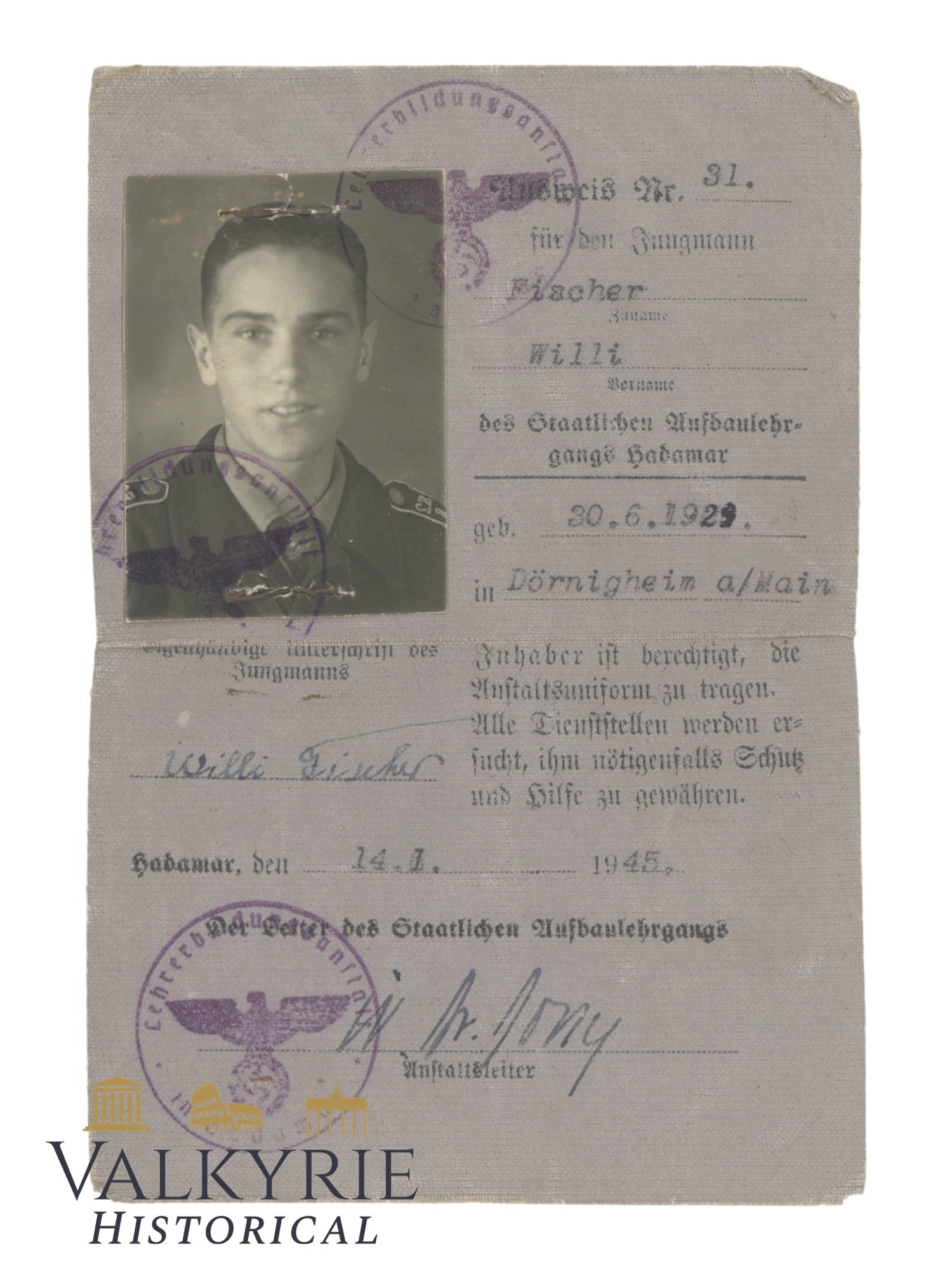 Ausweris Issued in 1945 to a Boy Who Was Member of the Advanced Training Course in Hadamar (1 of 2)