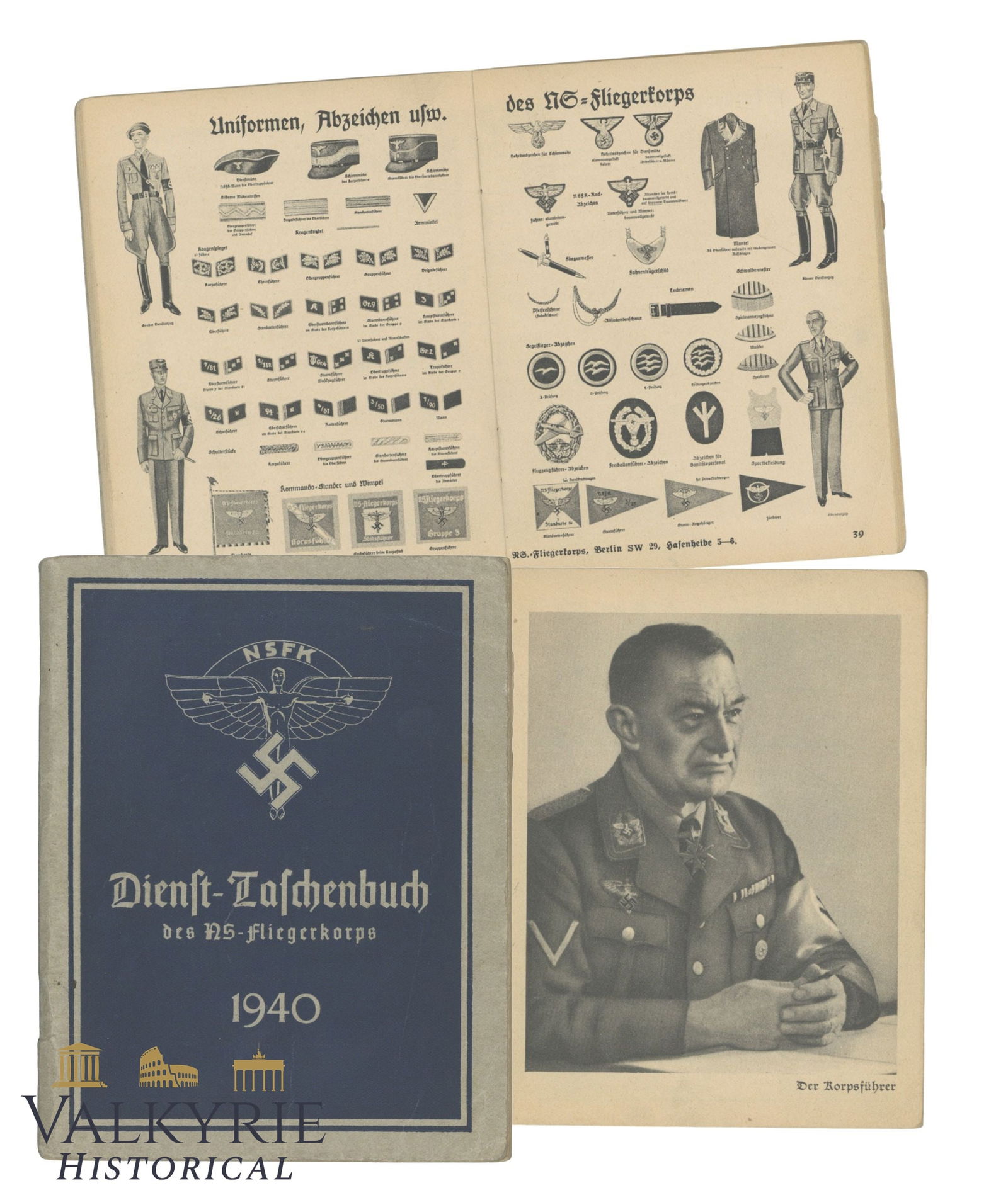 German "Service Handbook of the NS - Flying Corps 1940": German "Service Handbook of the NS - Flying Corps 1940". With organization of the NSFK, photo of the leader and ranks as well as uniforms. Some entries can be seen. All items for this auction will be