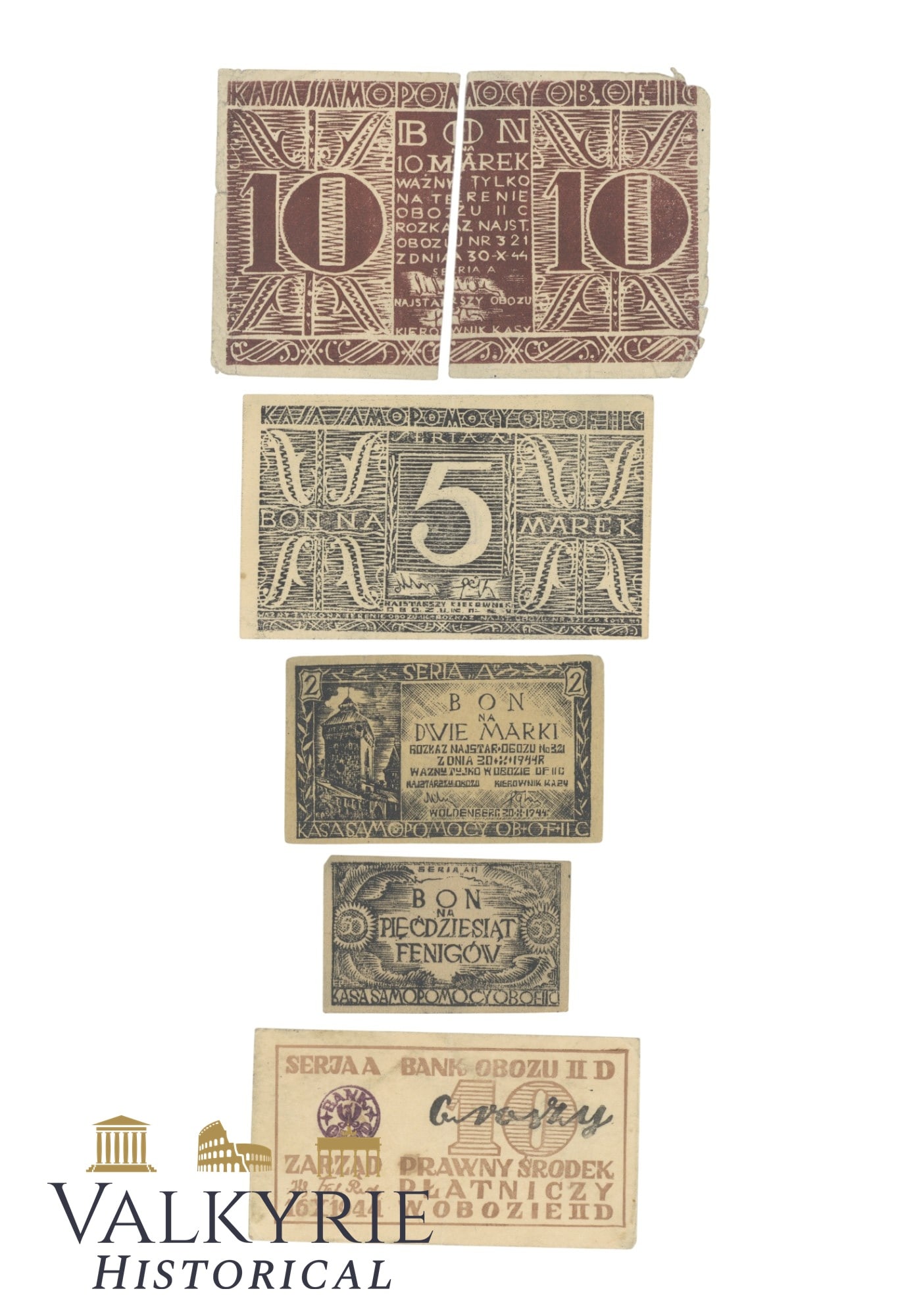 Set of 5 Banknotes Issued For Polish Officer POW Camps Ruled by Germans - 1944 (1 of 7)