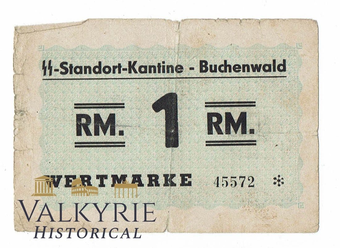 SS-Standort-Kantine – Buchenwald (1 RM) — Wertmarke: SS-Standort-Kantine – Buchenwald (1 RM) — Wertmarke Description Rectangular German canteen value token (Wertmarke) from the SS site canteen at Buchenwald, denominated 1 RM (1 Reichsmark). Front sh