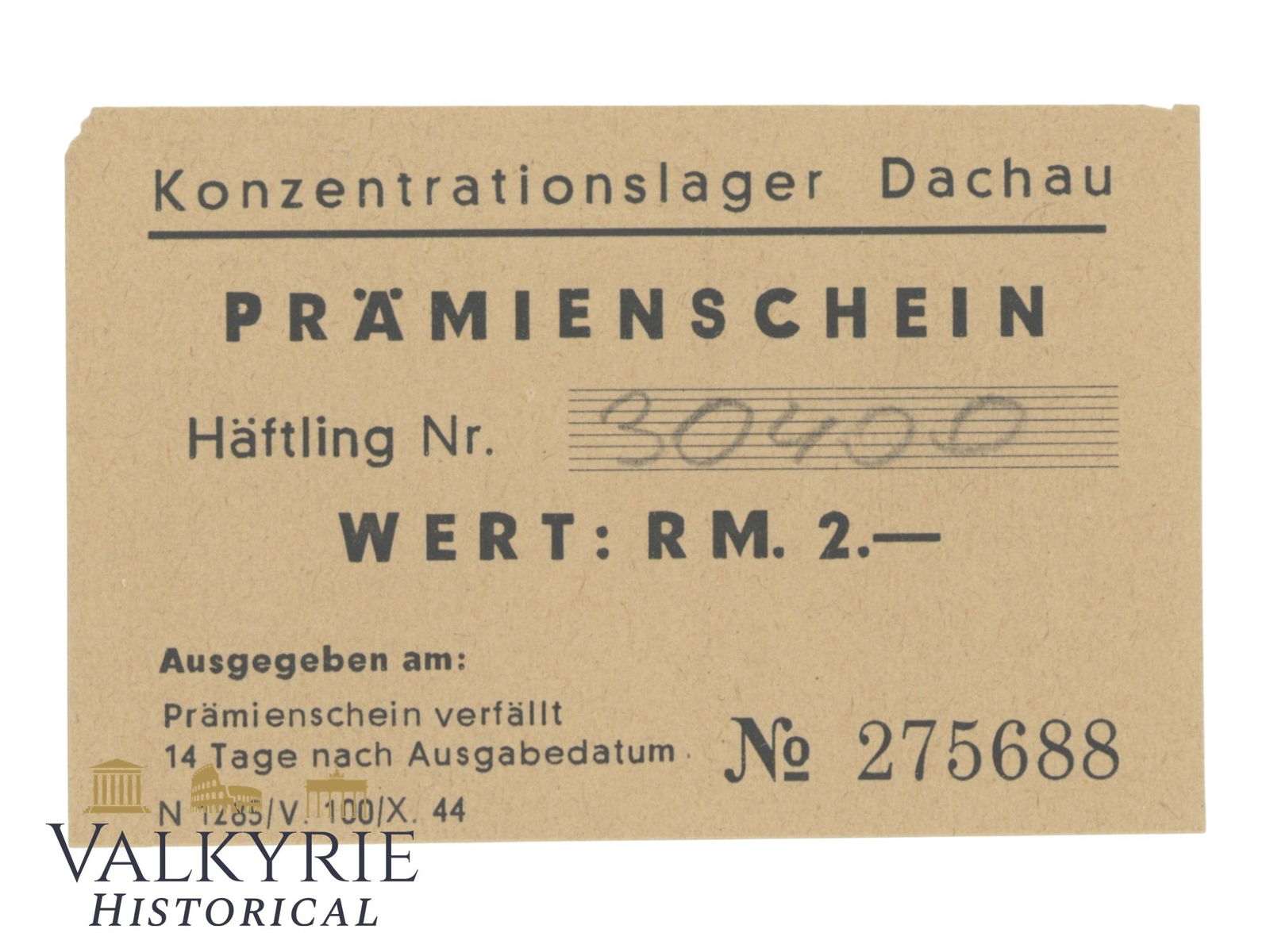 Prämienschein concentration camp Dachau 2RM NOTE: Dachau “Prämienschein” This is a German “Prämienschein” (bonus/premium voucher) issued for prisoners in Konzentrationslager Dachau (Dachau Concentration Camp). It’s a small paper c