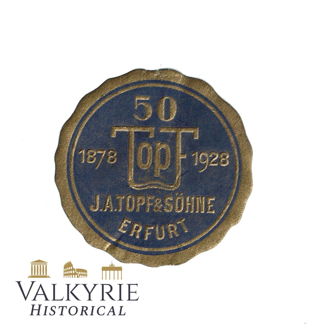 Rare J.A. Topf & Söhne Dry Stamp - KL Krematorium Maker: Rare J.A. Topf & Söhne dry stamp to stick on official company envelopes or letters. We can see the logo of the company and name of the company. J.A. Topf and Sons (German: J.A. Topf & Söhne) was an