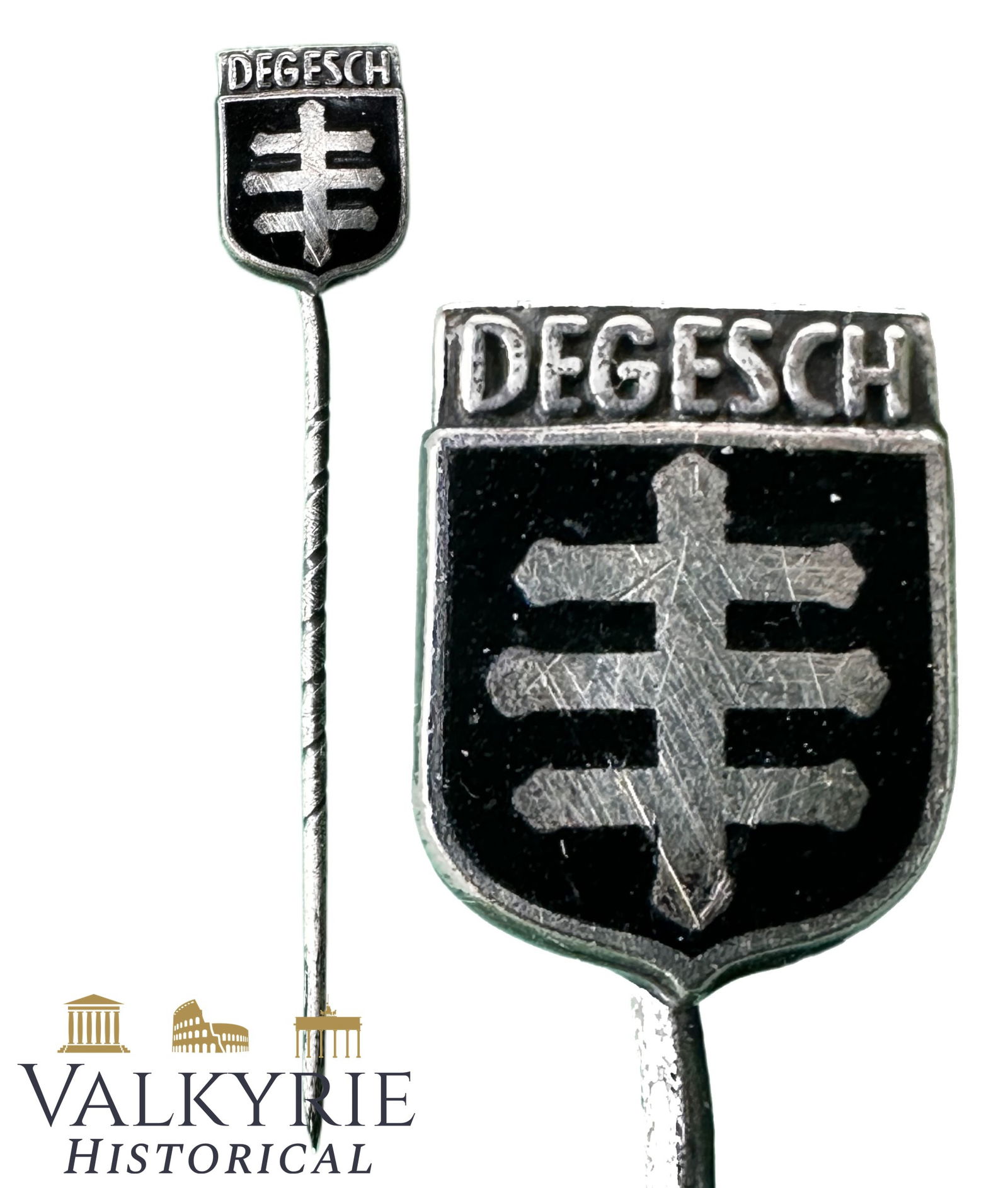 Original DEGESCH stick pin Zyklon B: DEGESCH Stick Pin Description DEGESCH Stick Pin Original DEGESCH lapel/tie stick pin. Shield-shaped front with black enamel and a raised silver emblem in the center. Classic long stick pin with a se