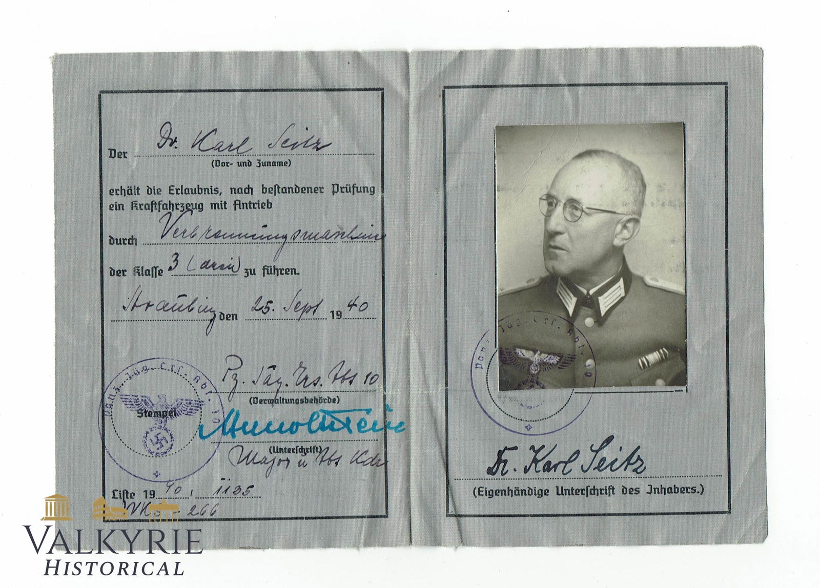 Driving License of the Wehrmacht Issued to a Soldier in 1940 (1 of 2)