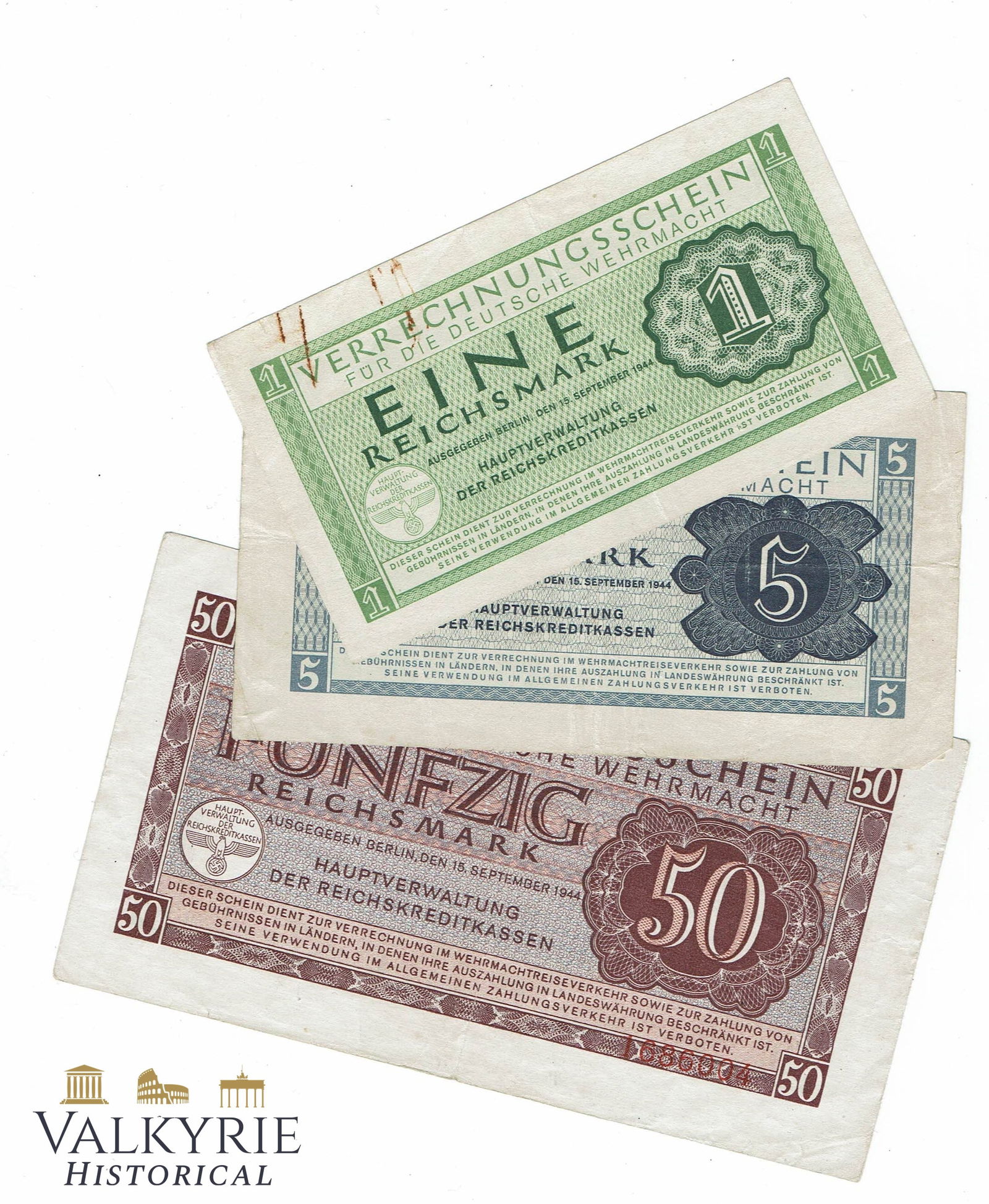 Wehrmacht Vouchers 1 5 50: Verrechnungsschein für die Deutsche Wehrmacht German military settlement vouchers from World War II. Denominations: 1, 5, 50 Reichsmark Issue date: Berlin, 15 September 1944 Issue