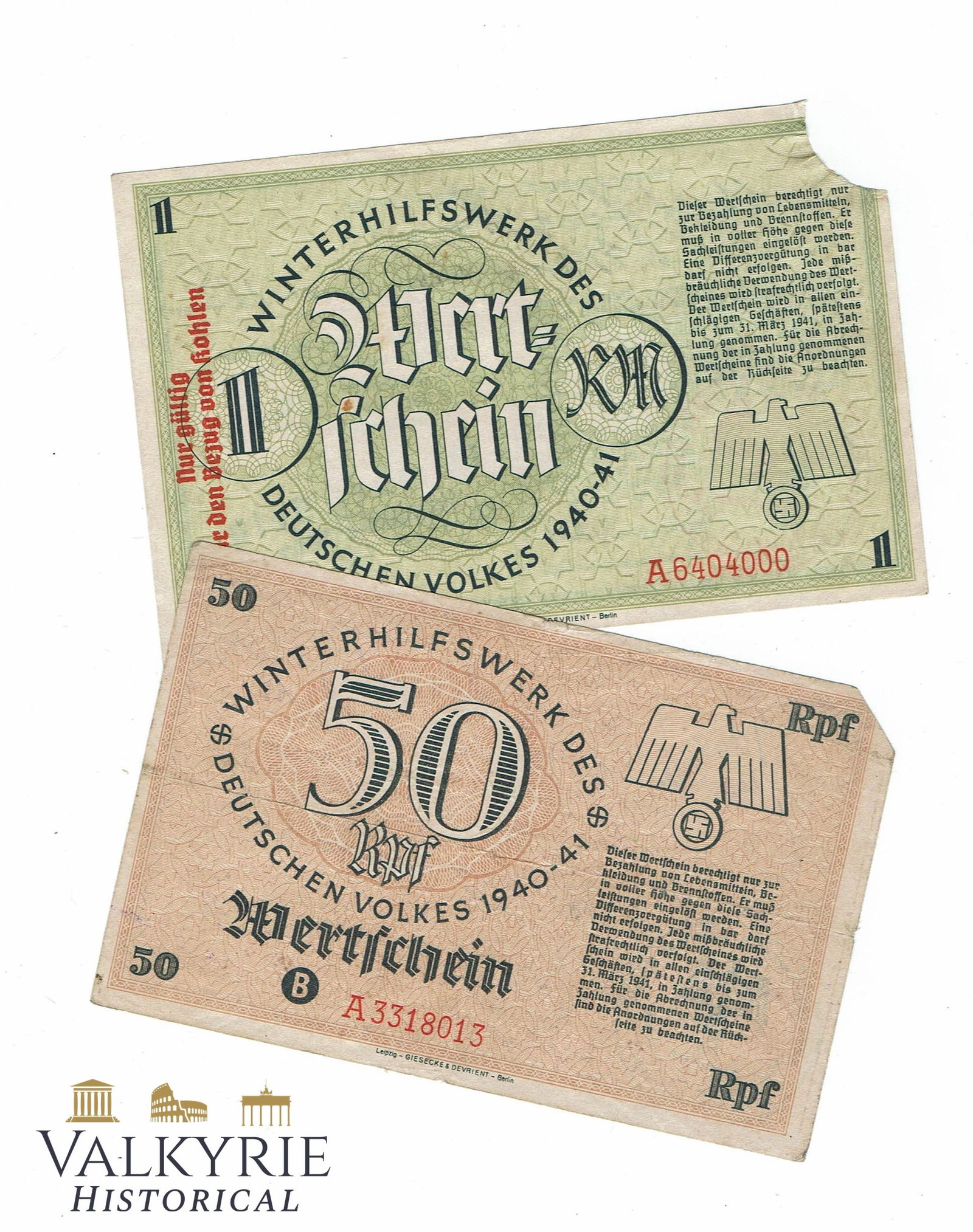 German Value Vouchers (1940/41) WHW Winterhilfswerk: Two German value vouchers (Wertschein) issued by Winterhilfswerk des Deutschen Volkes from 1940/41 (Third Reich). 1 Mark (note: “Nur gülti