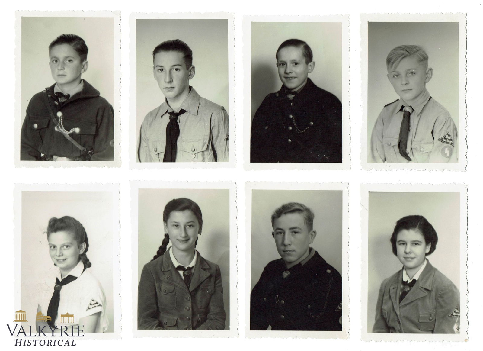 Set of 8 Photos of German Boys and Girls in HJ and Womens' Youth Uniforms: Description Black-and-white studio portrait photographs, format 7 × 10 cm, depicting children and adolescents wearing Hitler Youth (Hitlerjugend) organizational uniforms