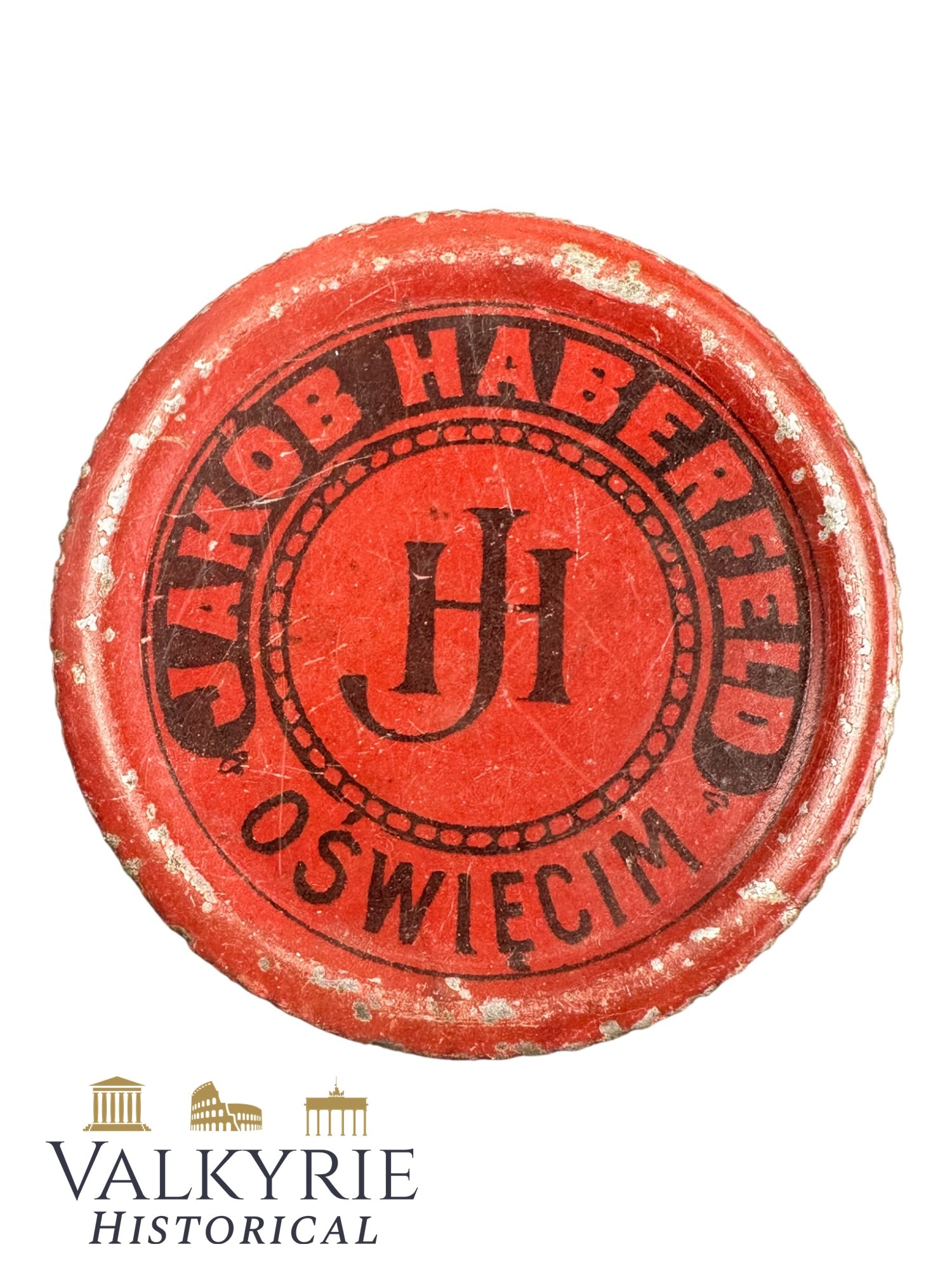 Rare Bottle Cap of the Famous Polish Jewish Alcohol Factories "Jakub Haberfeld" in Auschwitz: Rare Bottle Cap of the Famous Polish Jewish Alcohol Factories "Jakub Haberfeld" in Auschwitz. It was one of the oldest Polish alcohol factories, founded in 1804 in Oswiecim producing vodka and liqueur