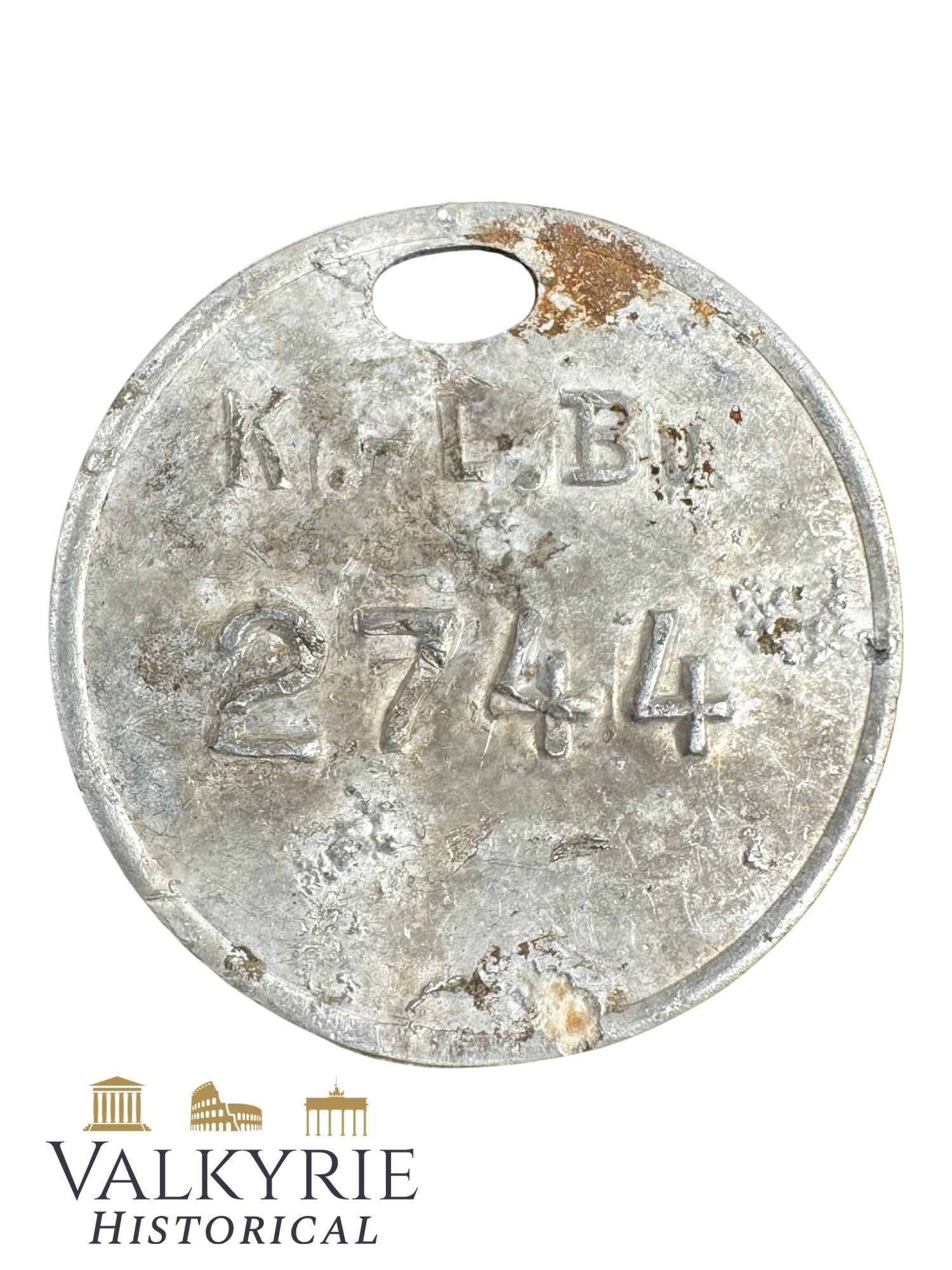 Ground Dug Token Used for Identification Purposes of Material From KL Buchenwald: Ground Dug Token Used for Identification Purposes of Material from KL Buchenwald. With number 2744. Aluminum. Good condition. All items for this auction will be shipping from Europe. Shipping cost $25