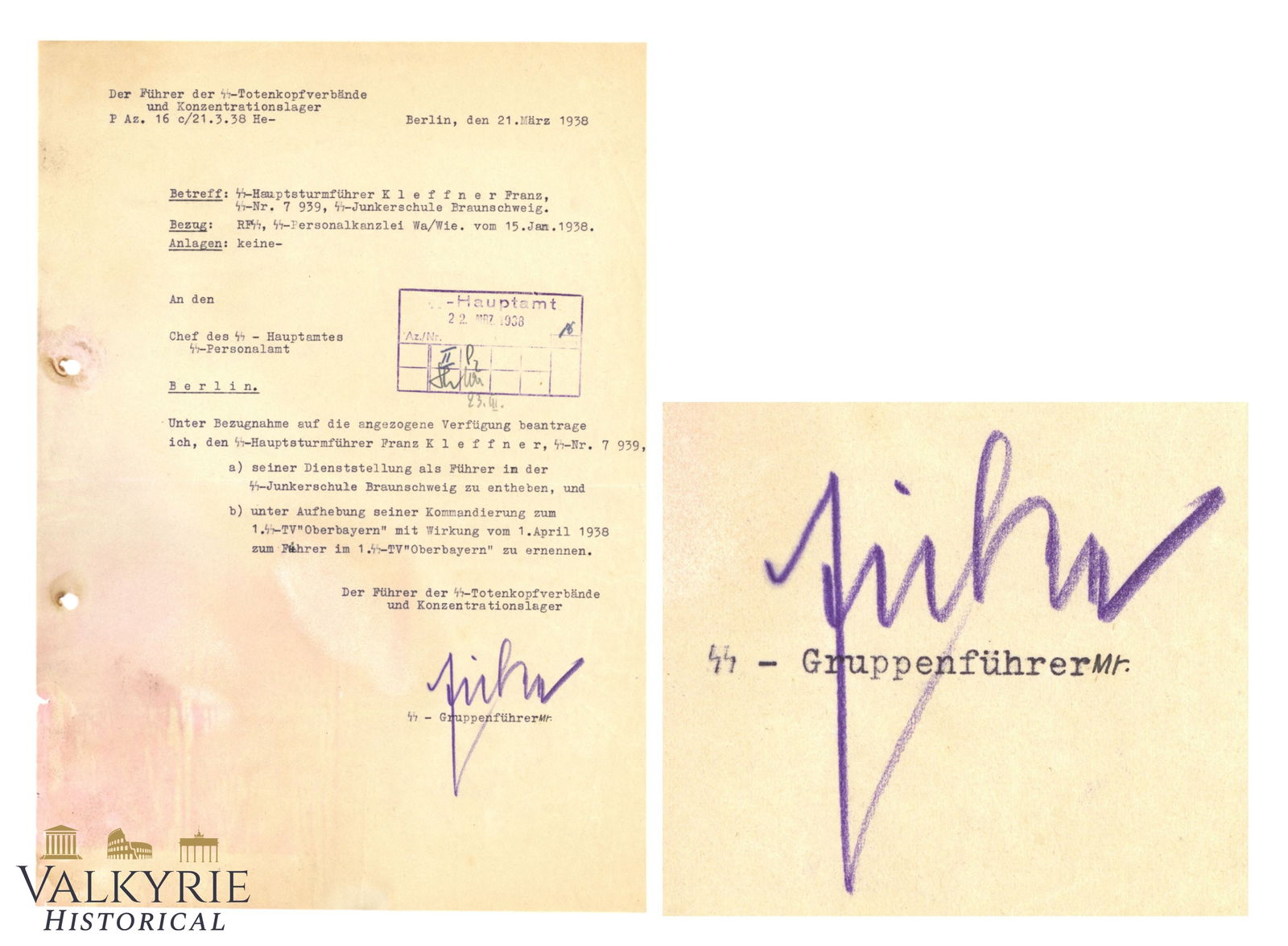 Letter Sent and Signed by Theodor Eicke Inspector of the Nazi Concentration Camps and SS-TK Leader (1 of 6)
