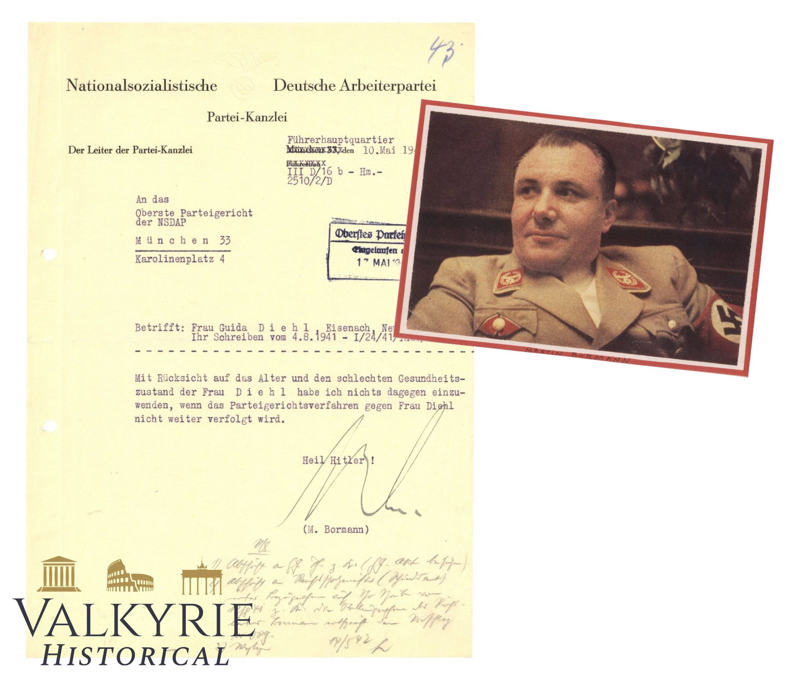Letter Signed by Martin Bormann NSDAP Party Chancellery Chief About Legal Procedure Against Woman (1 of 7)