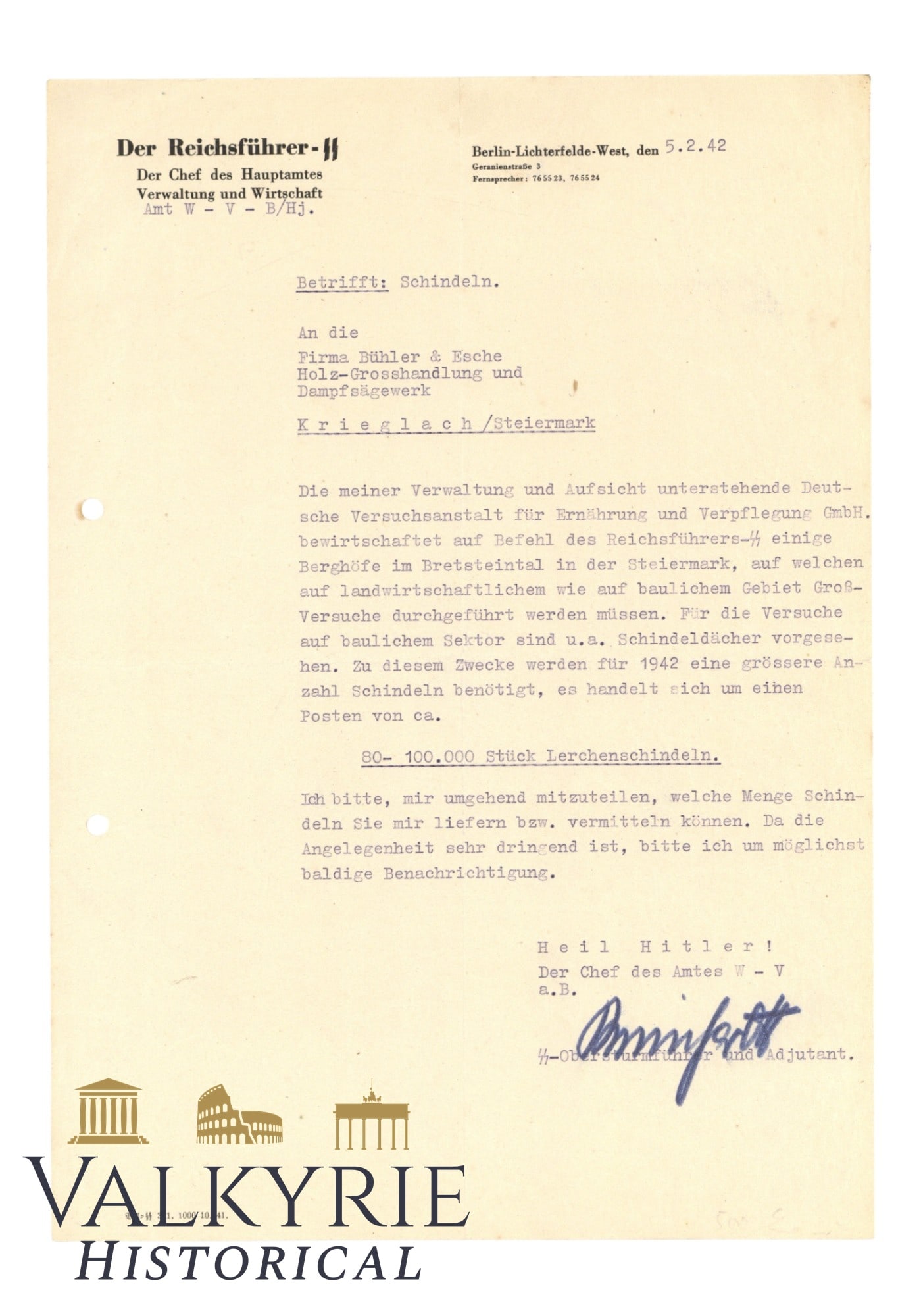 Letter Sent and Signed by the Chief of the SS Main Office of Business and Economical Affairs (1 of 5)