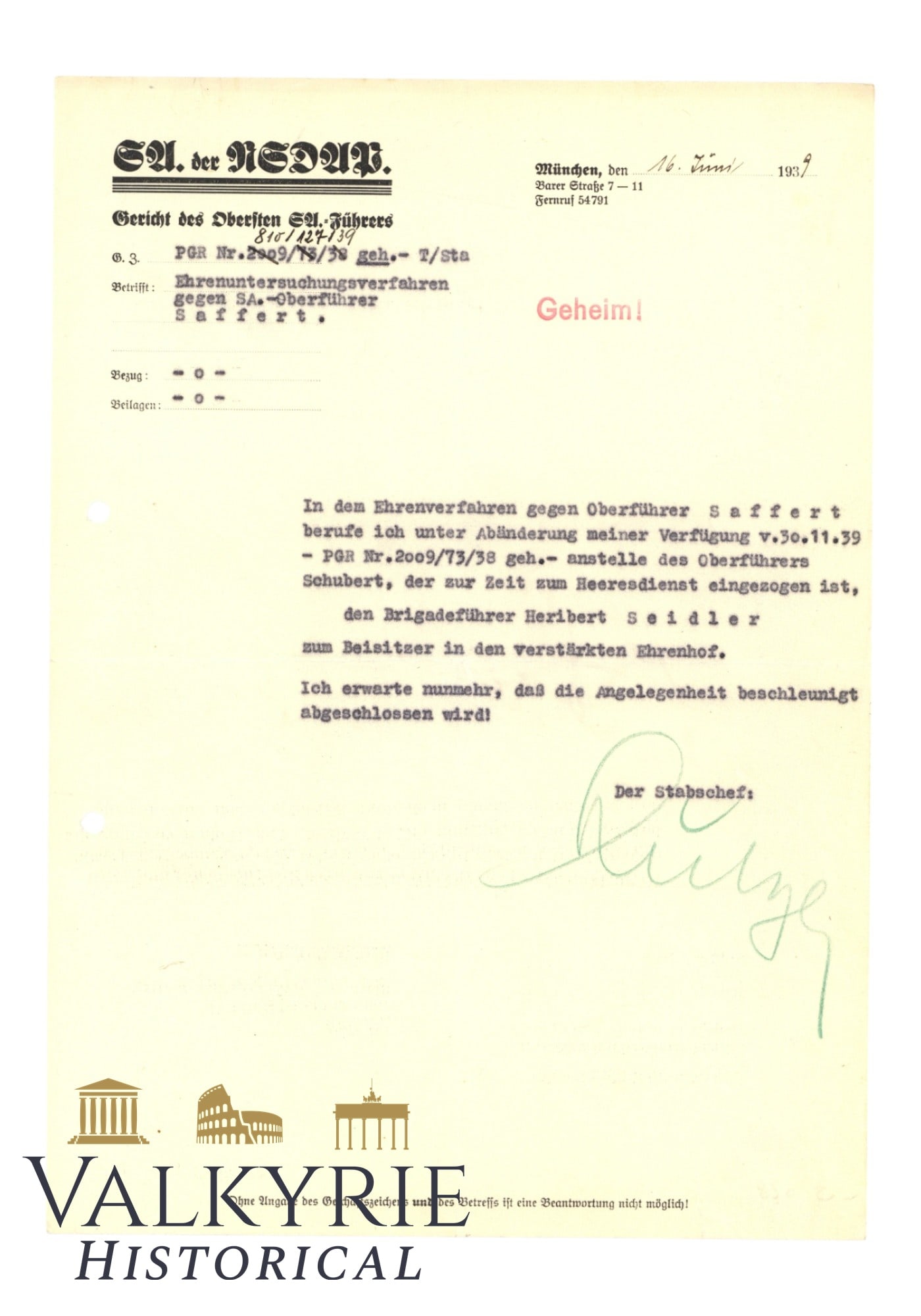 Letter Sent and Signed by SA Leader Regarding Proceedings Against SA Member in 1939 (1 of 6)