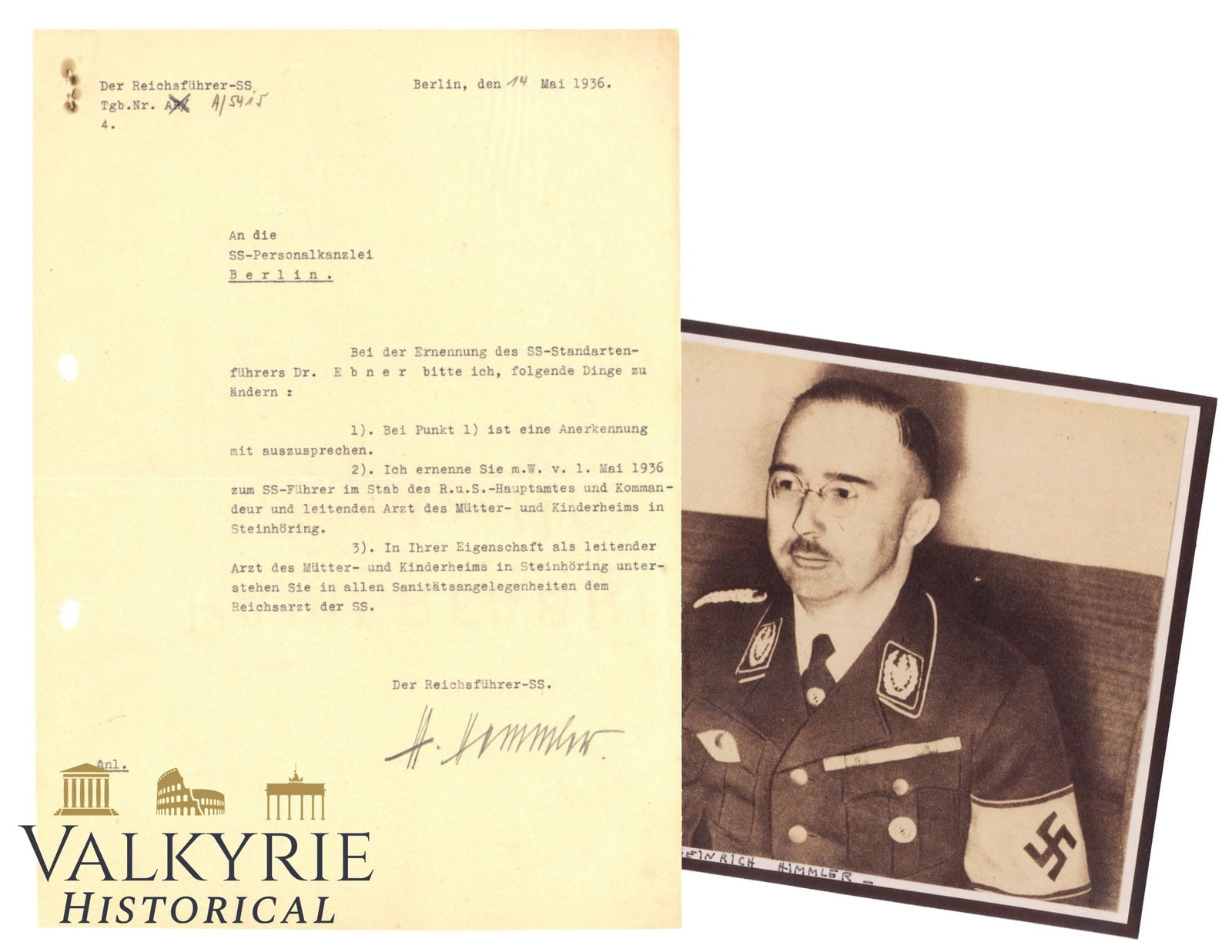 Rare Lebensborn Letter for SS Dr. Ebner Sent by Heinrich Himmler and Signed by Himself in 1936 (1 of 7)