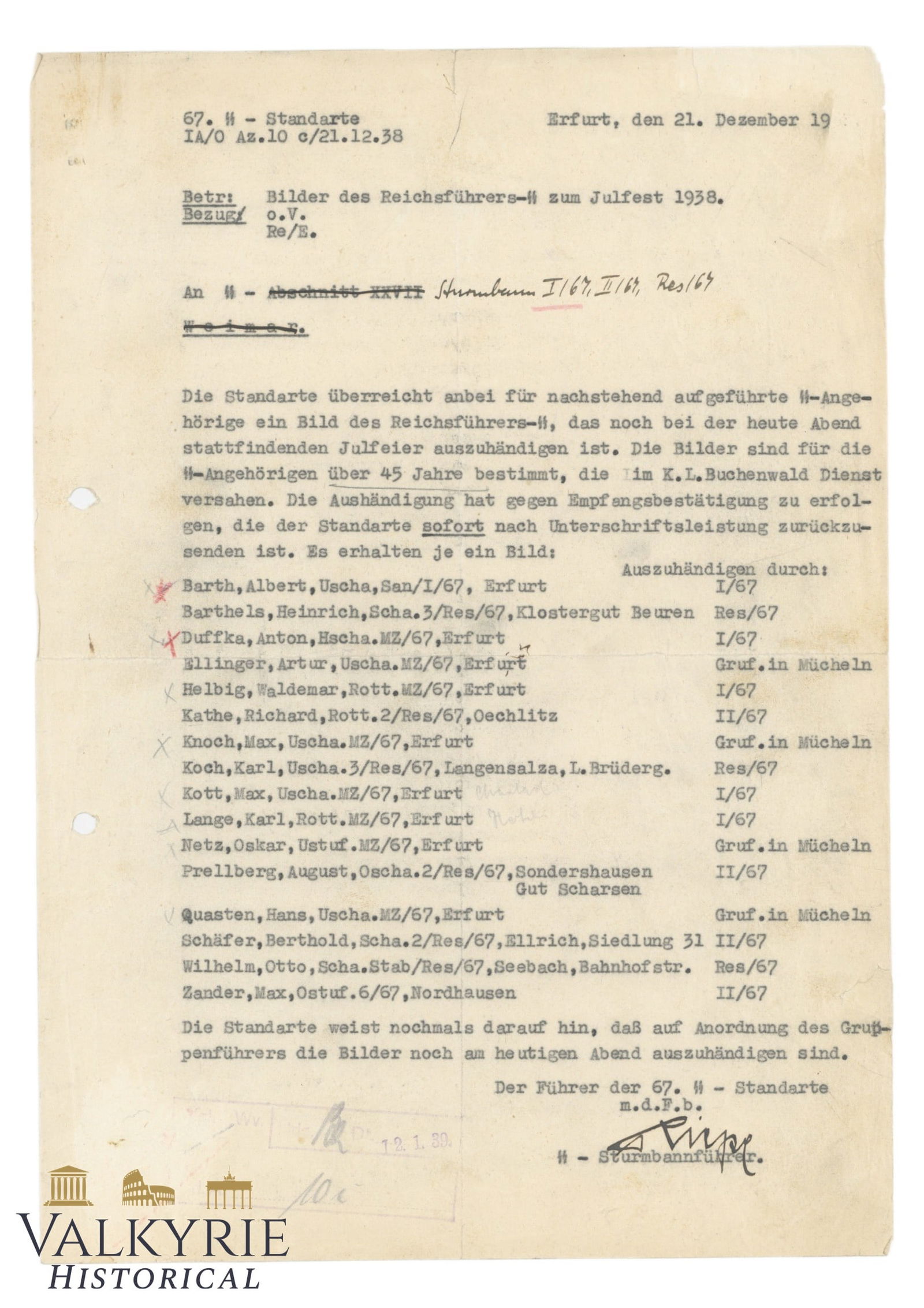 Official Letter Sent to 67. SS Standorte in KL Buchenwald Regarding a Group Photo With Himmler (1 of 2)