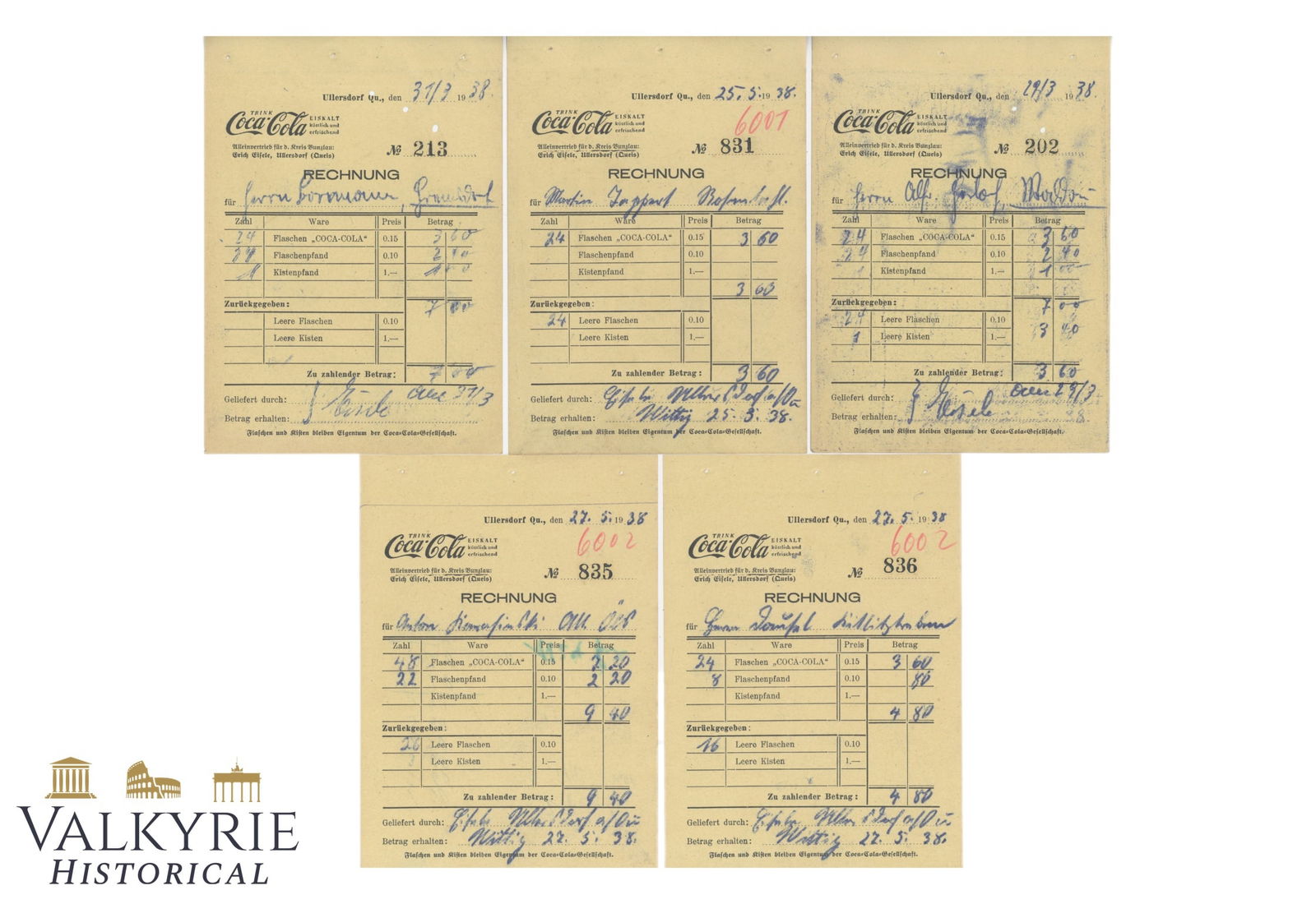 Set of 5 III Reich Period Receipts of German Coca-Cola Company Branch Dated in 1938 (1 of 2)