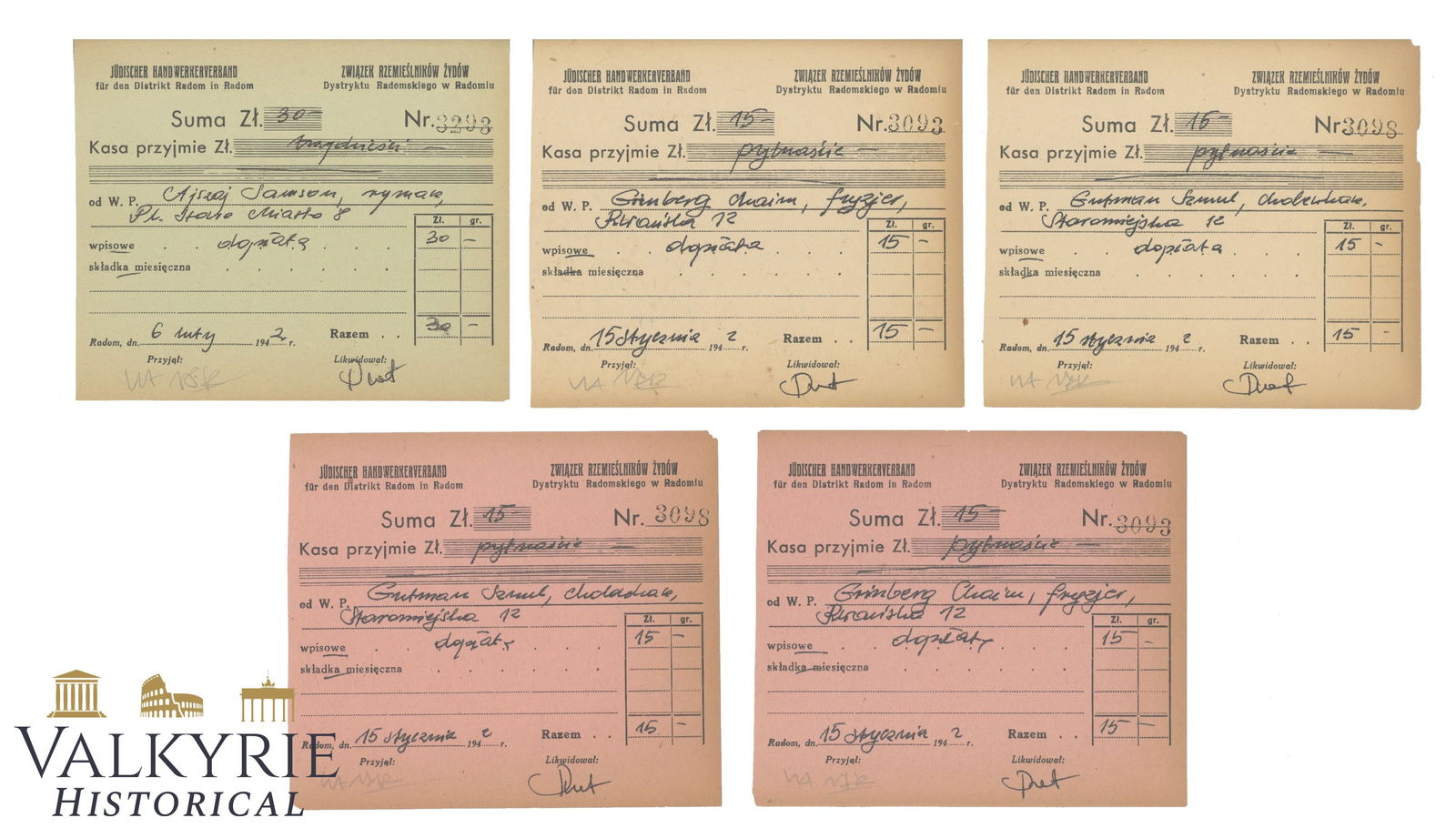 Set ot 5 Payment Receitps By "Jewish Hand Work Association" for District Radom to Jewish Worker (1 of 4)