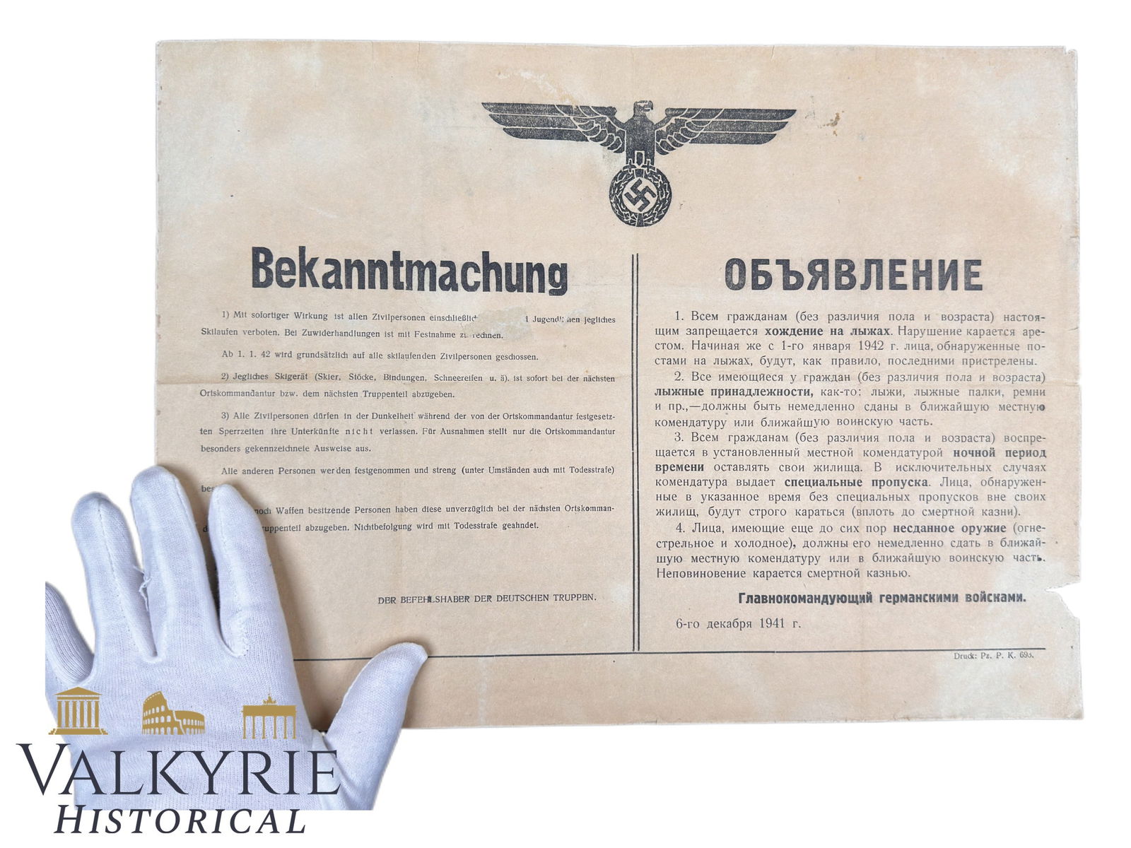 German Notice Poster For Russian Population Banning Skiing And Posession of Skiing Items - 1941 (1 of 9)