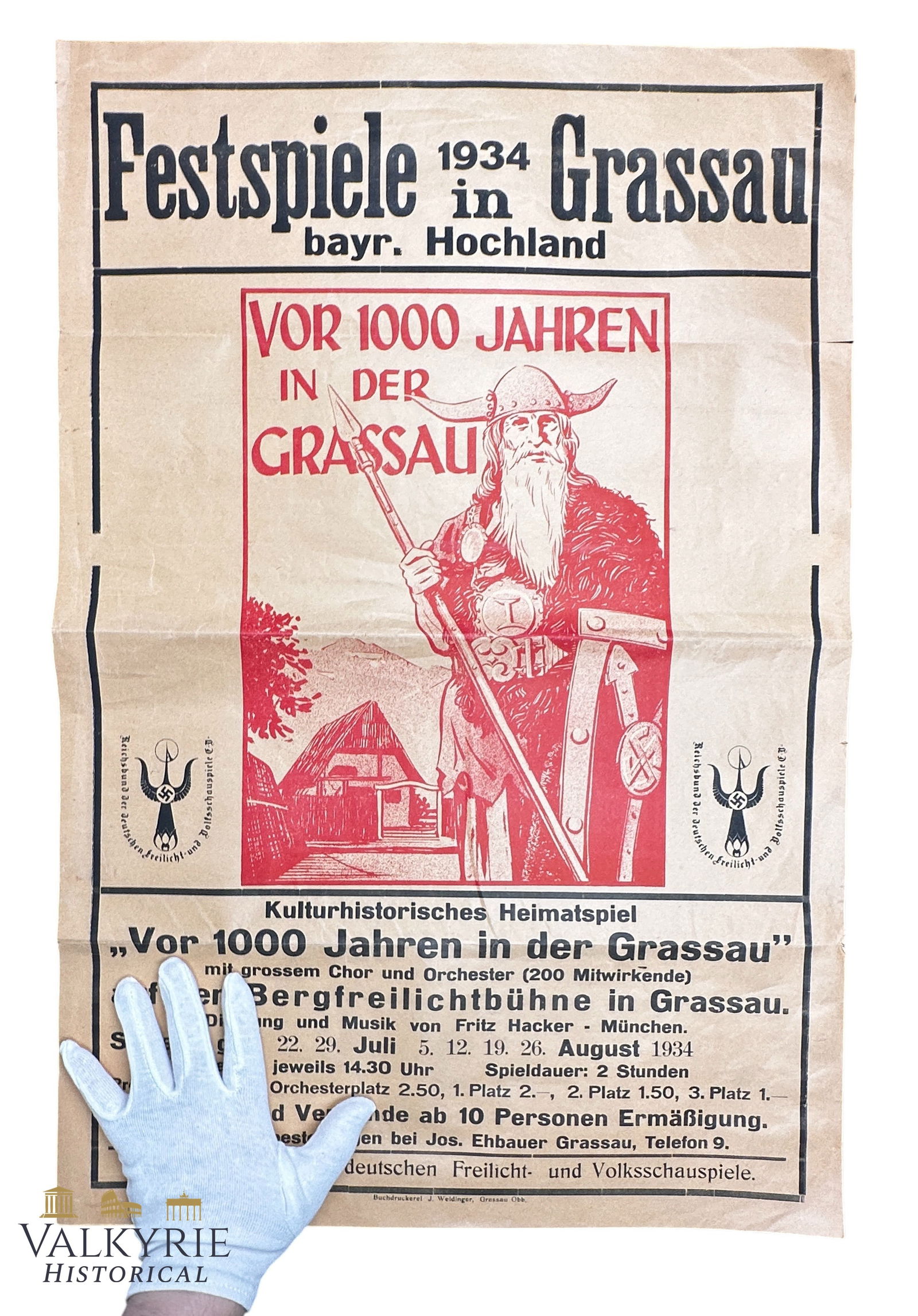 Announcement Poster of the 1934 Grassau Festival "1000 Years Ago In The Grassau": Announcement Poster of the 1934 Grassau Festival "1000 Years Ago In The Grassau". It consisted of a Cultural-Historical play with a big orchestra on the open-air mountain stage in Grassau. With a Germ